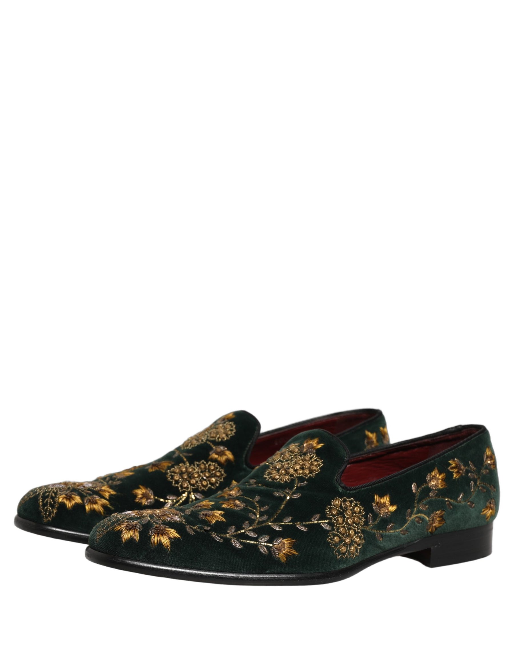 Dolce & Gabbana Green Floral Embroidery Dress Loafers Shoes | Regal Royce