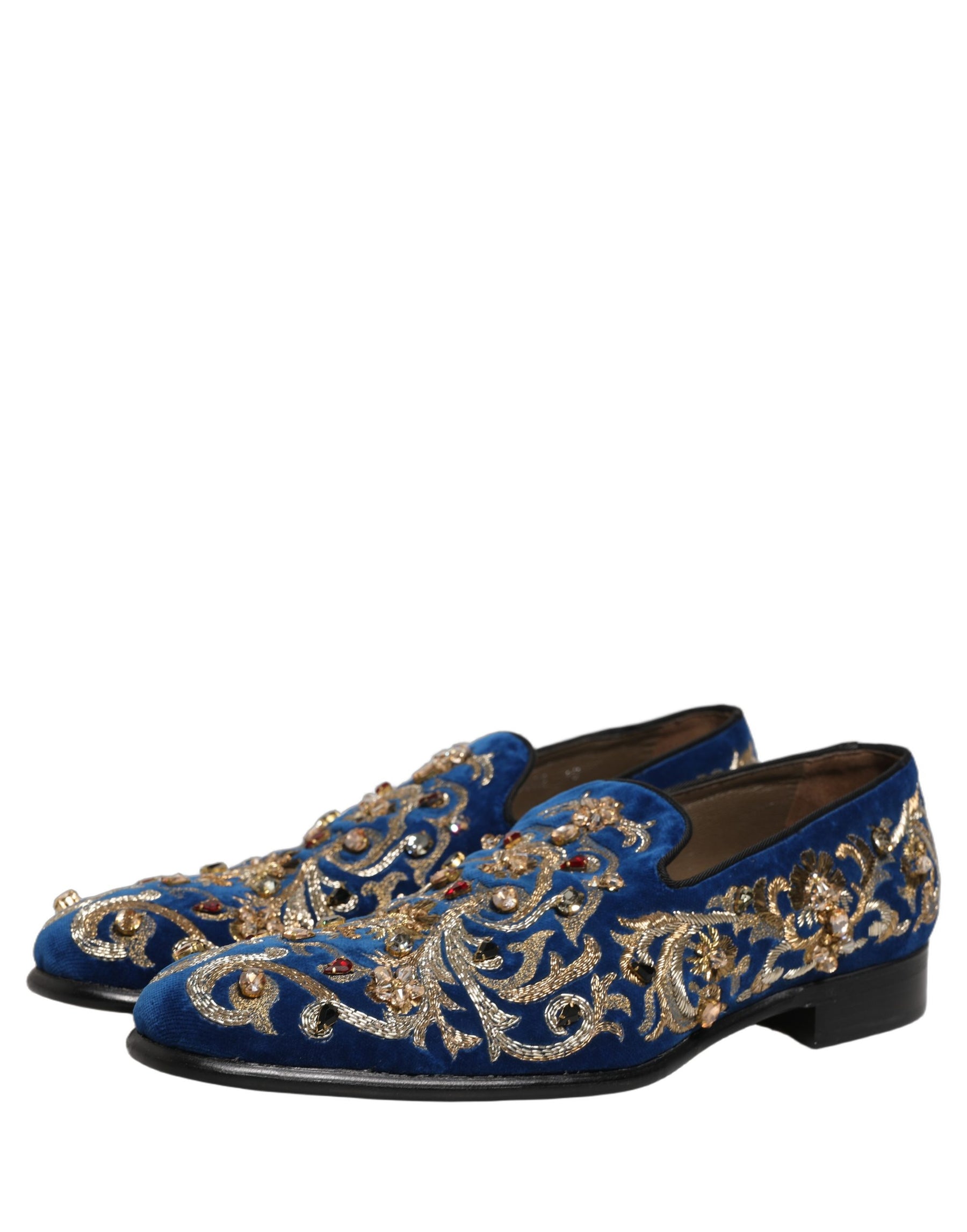 Dolce & Gabbana Blue Velvet Embellished Dress Loafers Shoes | Regal Royce
