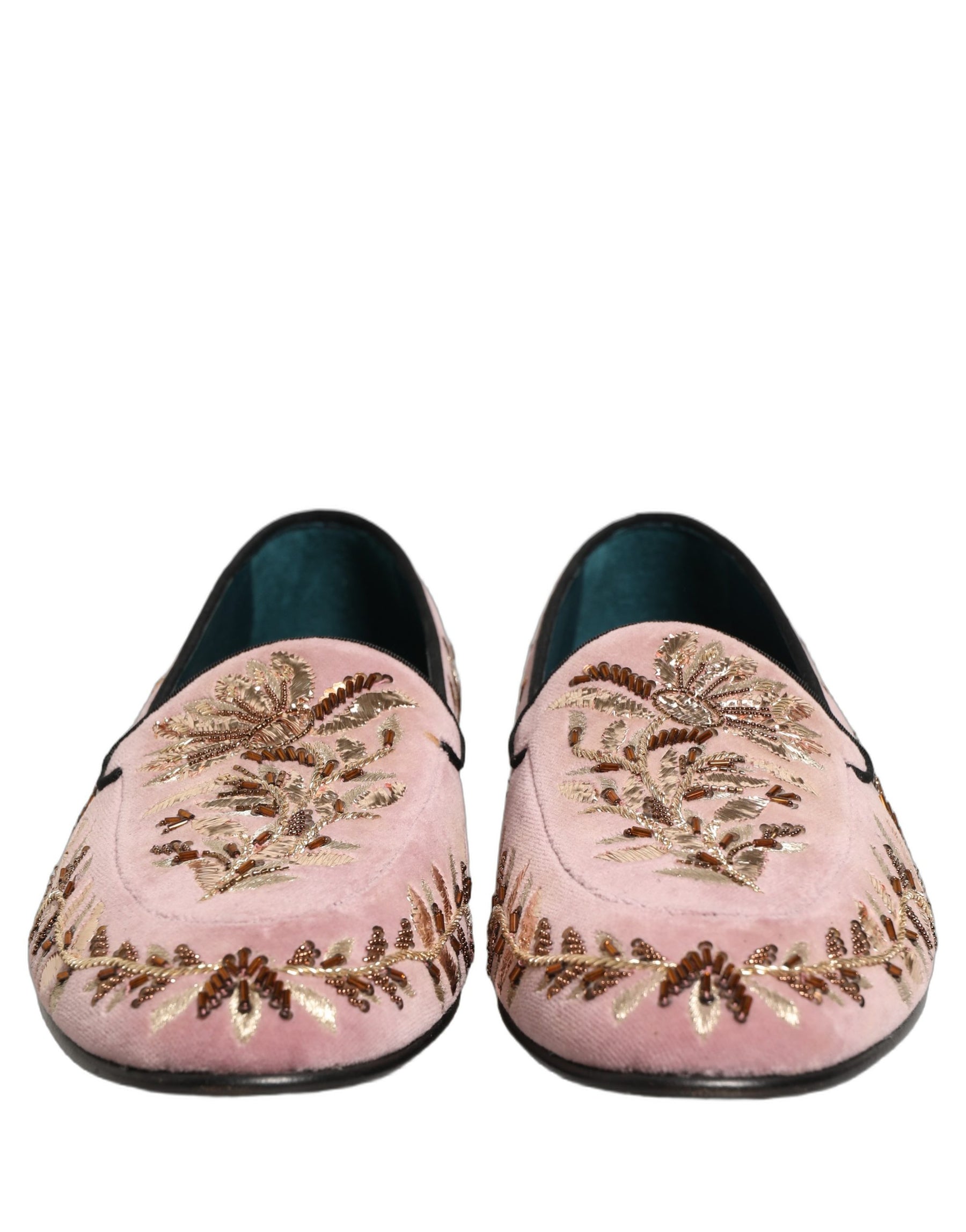 Dolce & Gabbana Pink Velvet Floral Embroidery Loafers Shoes | Regal Royce