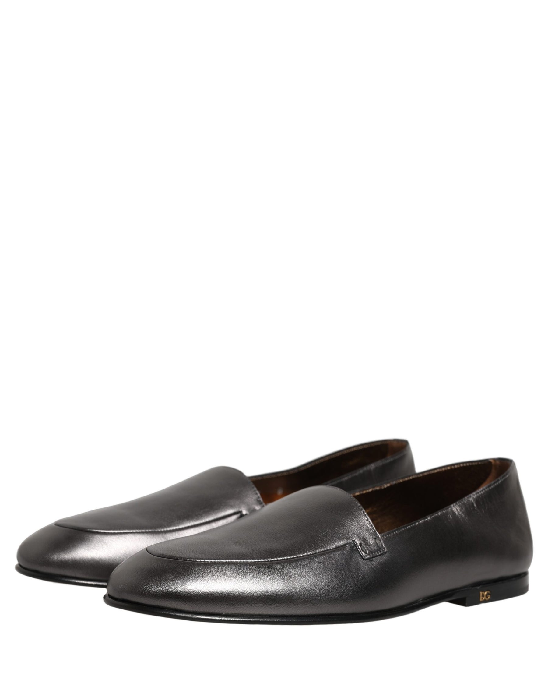 Dolce & Gabbana Silver Leather DG Logo Slip On Loafers Shoes | Regal Royce