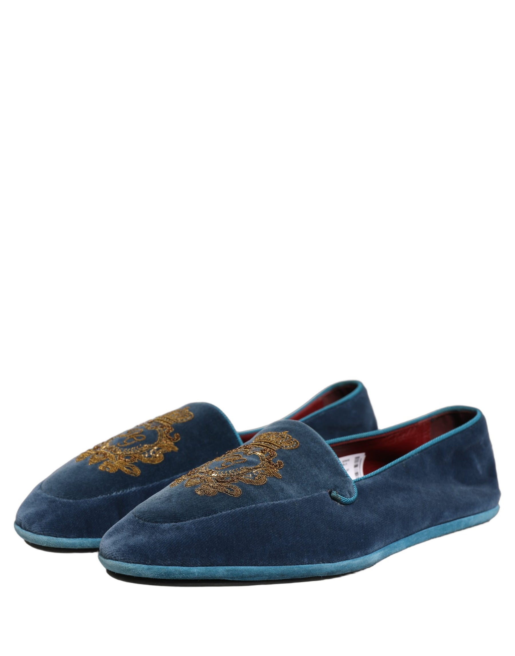 Dolce & Gabbana Blue Velvet Crown Embroidery Loafers Shoes | Regal Royce