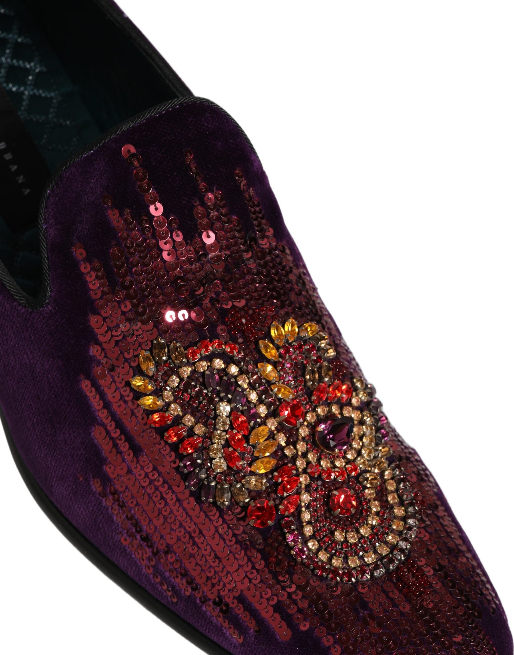 Dolce & Gabbana Violet Velvet Rhinestone Sequin Loafers Shoes | Regal Royce