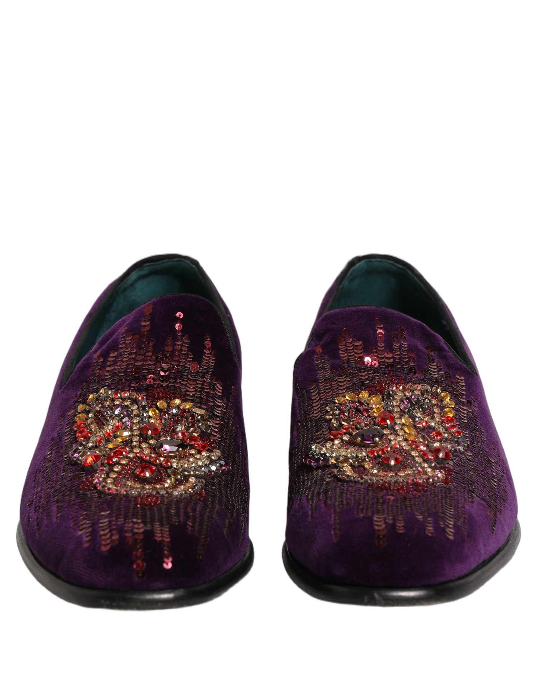 Dolce & Gabbana Violet Velvet Rhinestone Sequin Loafers Shoes | Regal Royce