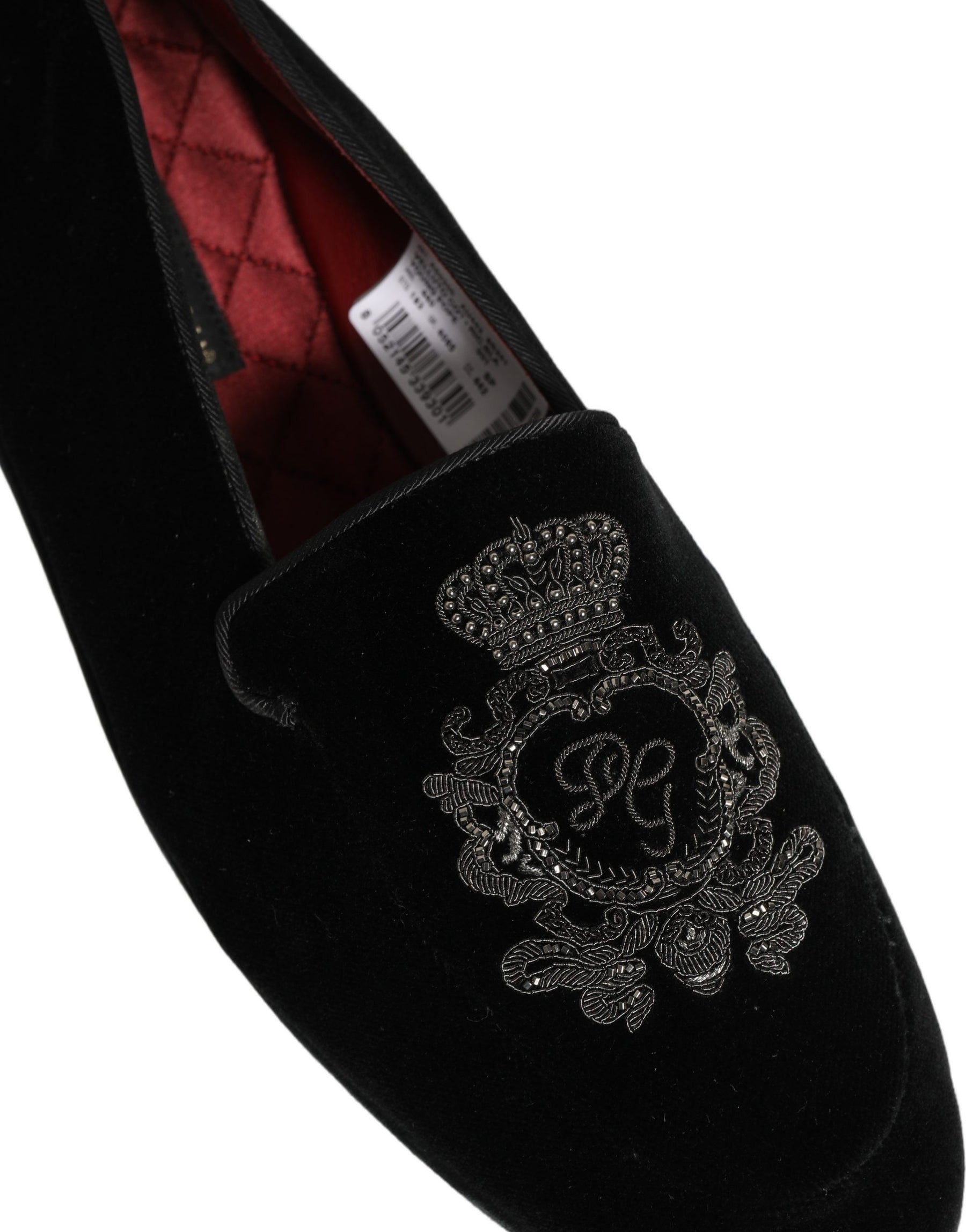 Dolce & Gabbana Black Velvet Crown Embroidery Loafers Shoes | Regal Royce