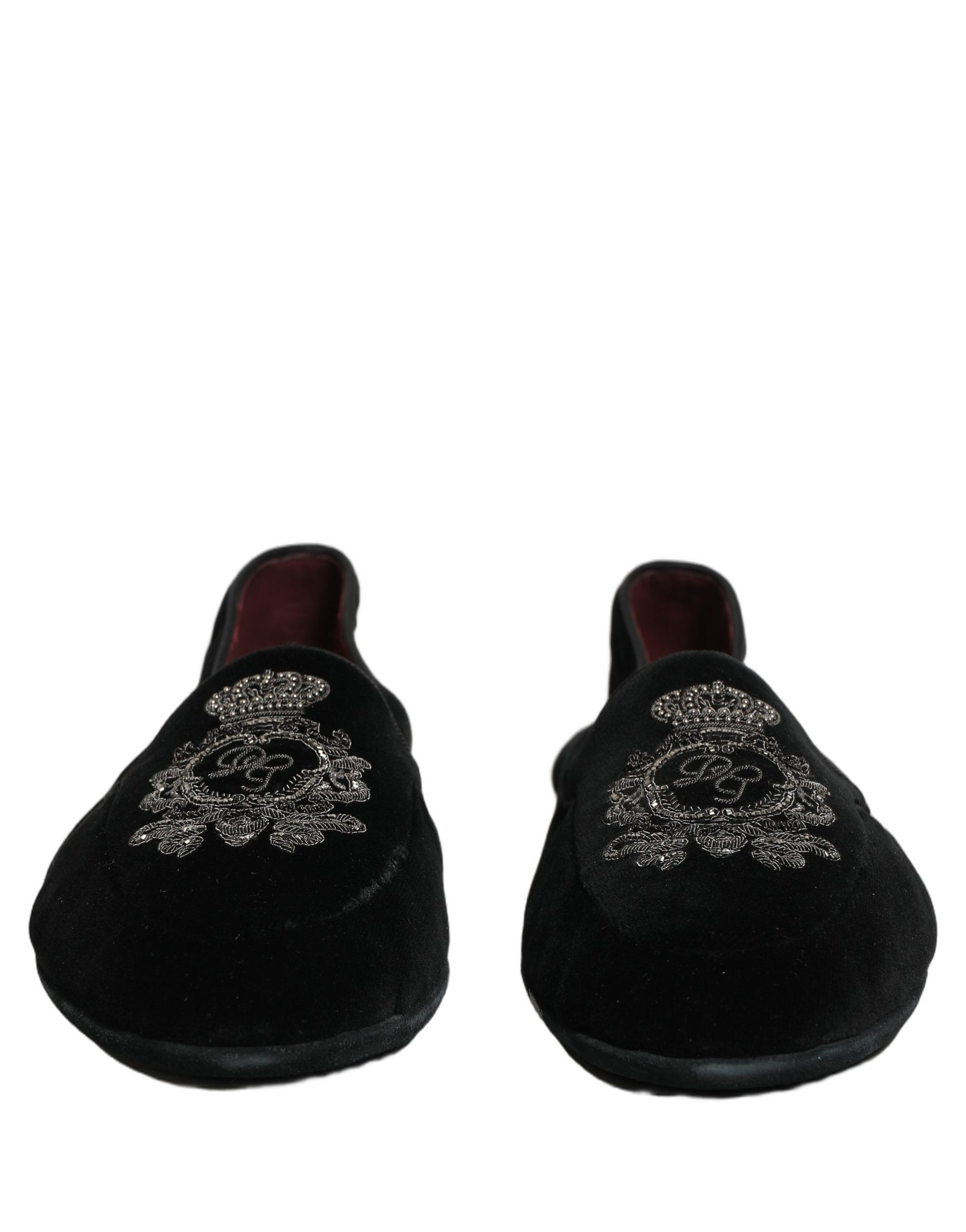 Dolce & Gabbana Black Velvet Crown Embroidery Loafers Shoes | Regal Royce