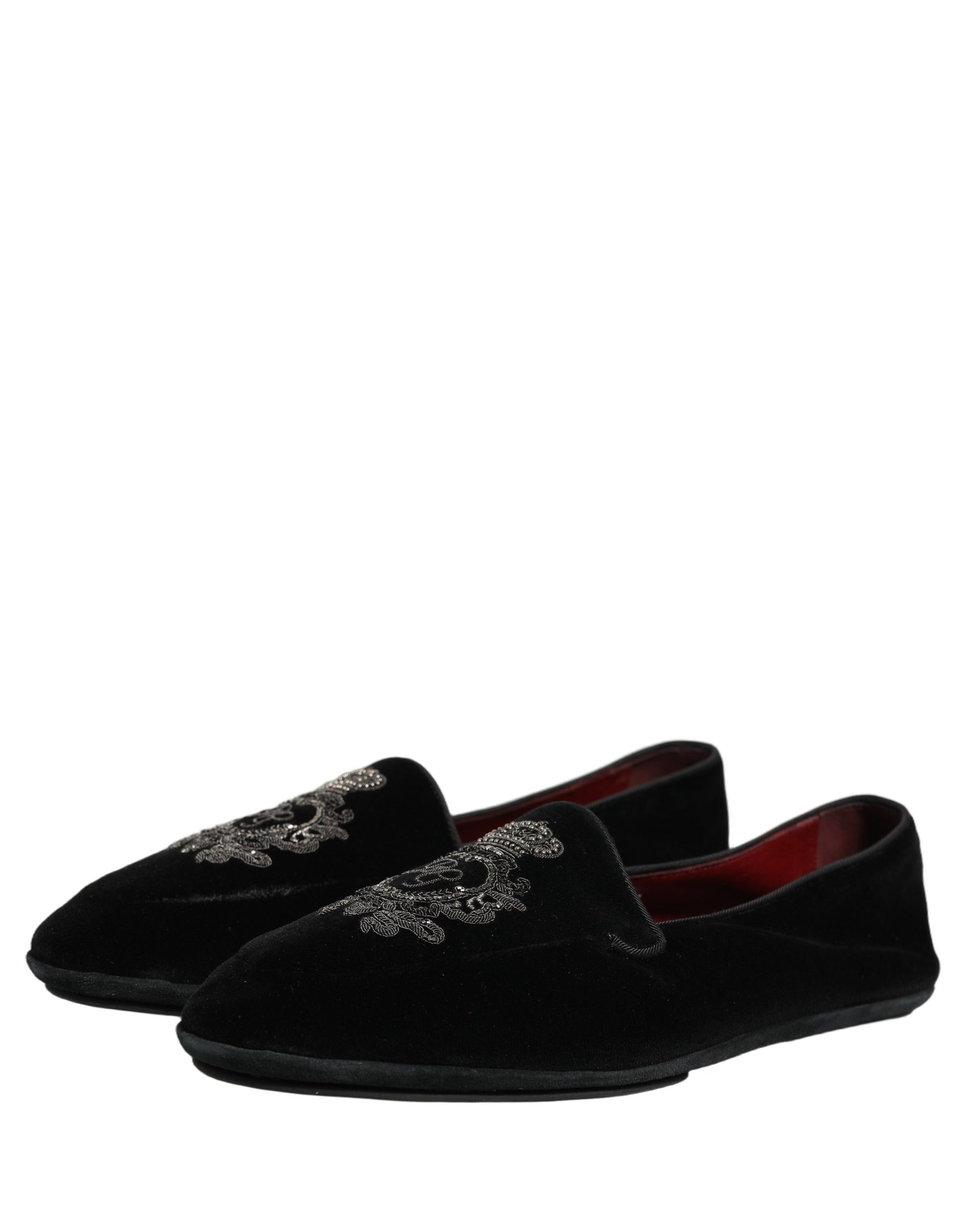 Dolce & Gabbana Black Velvet Crown Embroidery Loafers Shoes | Regal Royce