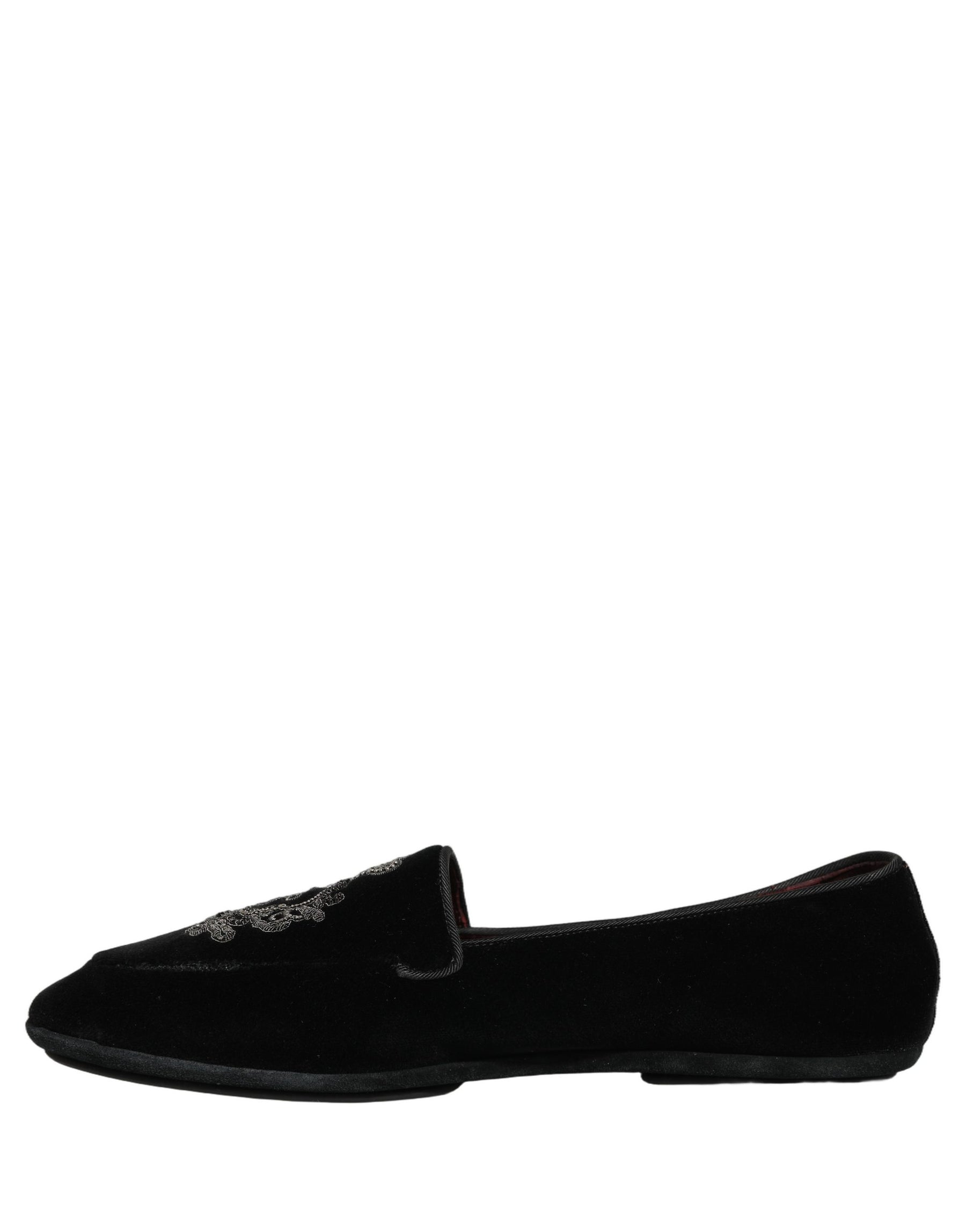 Dolce & Gabbana Black Velvet Crown Embroidery Loafers Shoes | Regal Royce