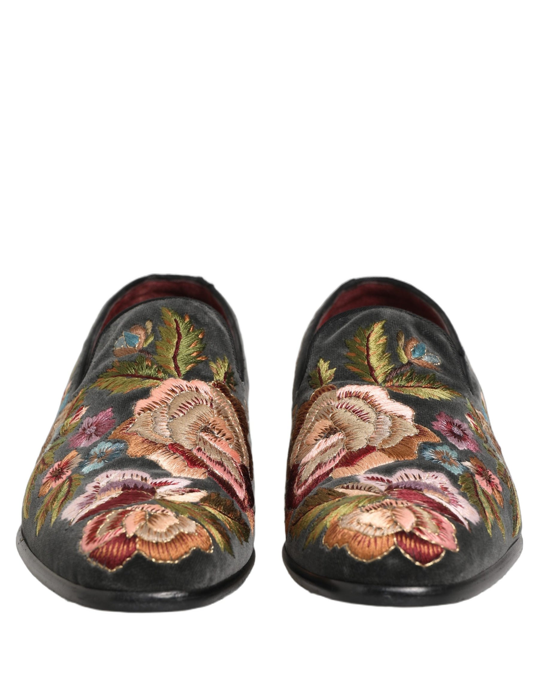 Dolce & Gabbana Black Velvet Floral Embroidery Loafers Shoes | Regal Royce