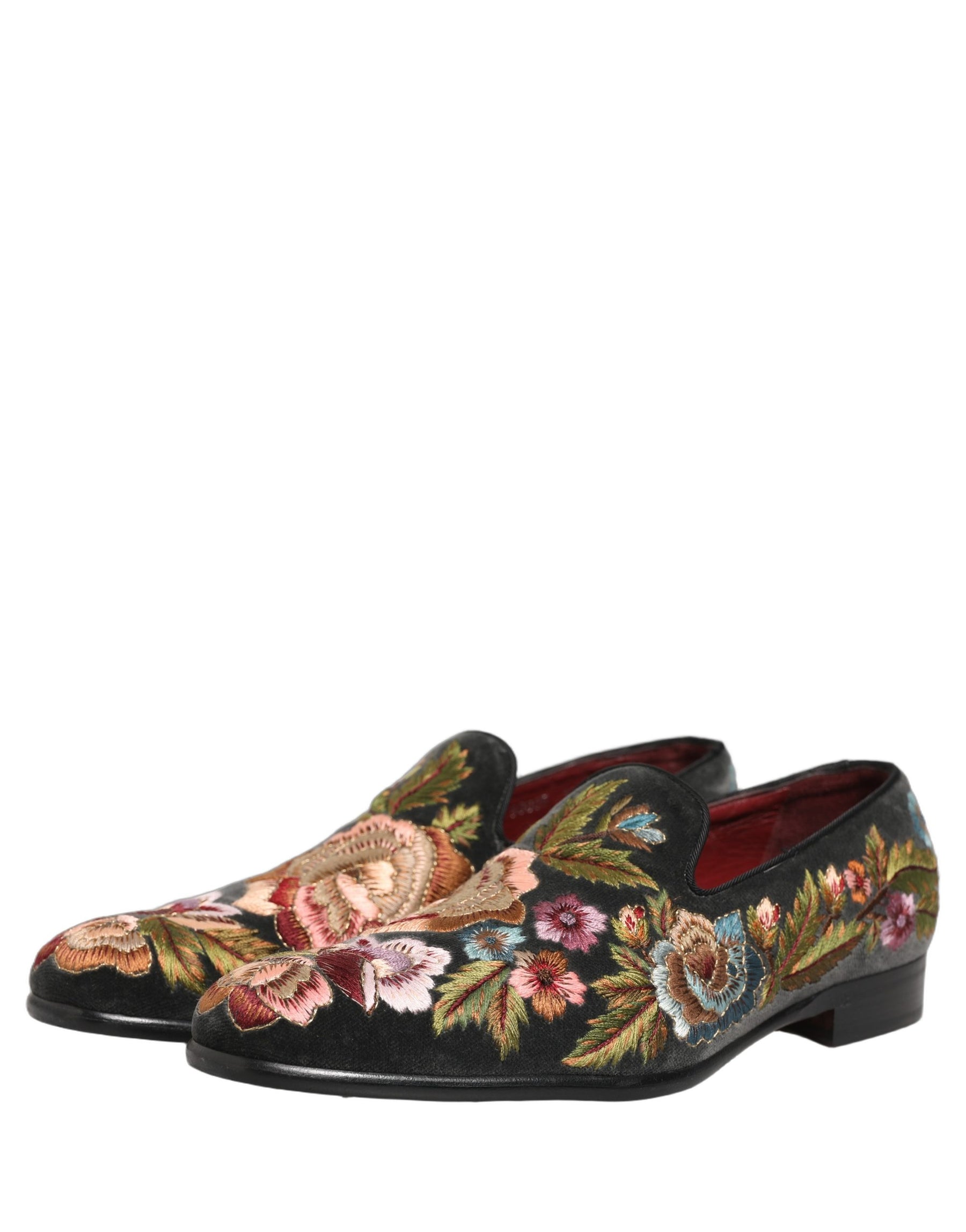 Dolce & Gabbana Black Velvet Floral Embroidery Loafers Shoes | Regal Royce