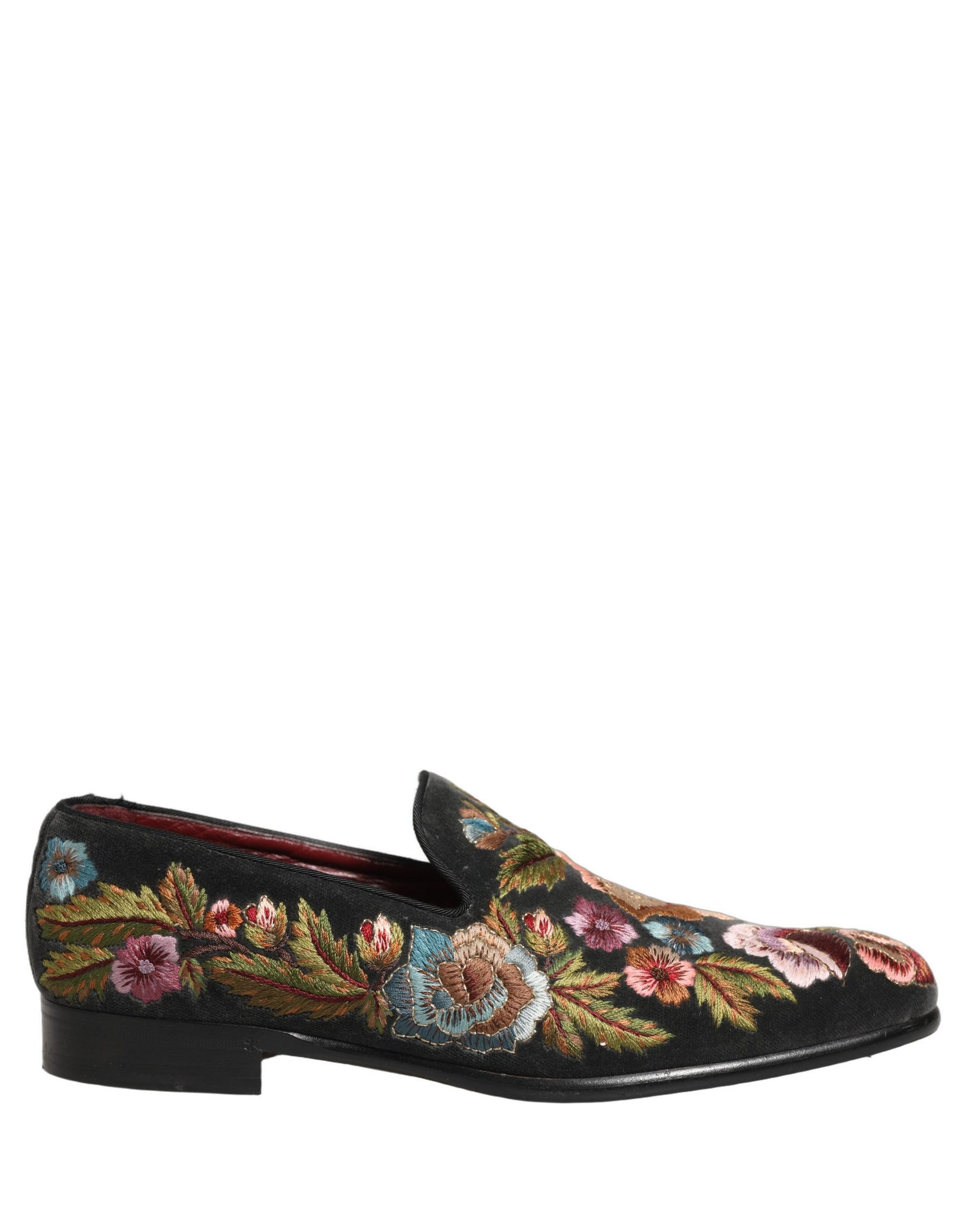 Dolce & Gabbana Black Velvet Floral Embroidery Loafers Shoes | Regal Royce