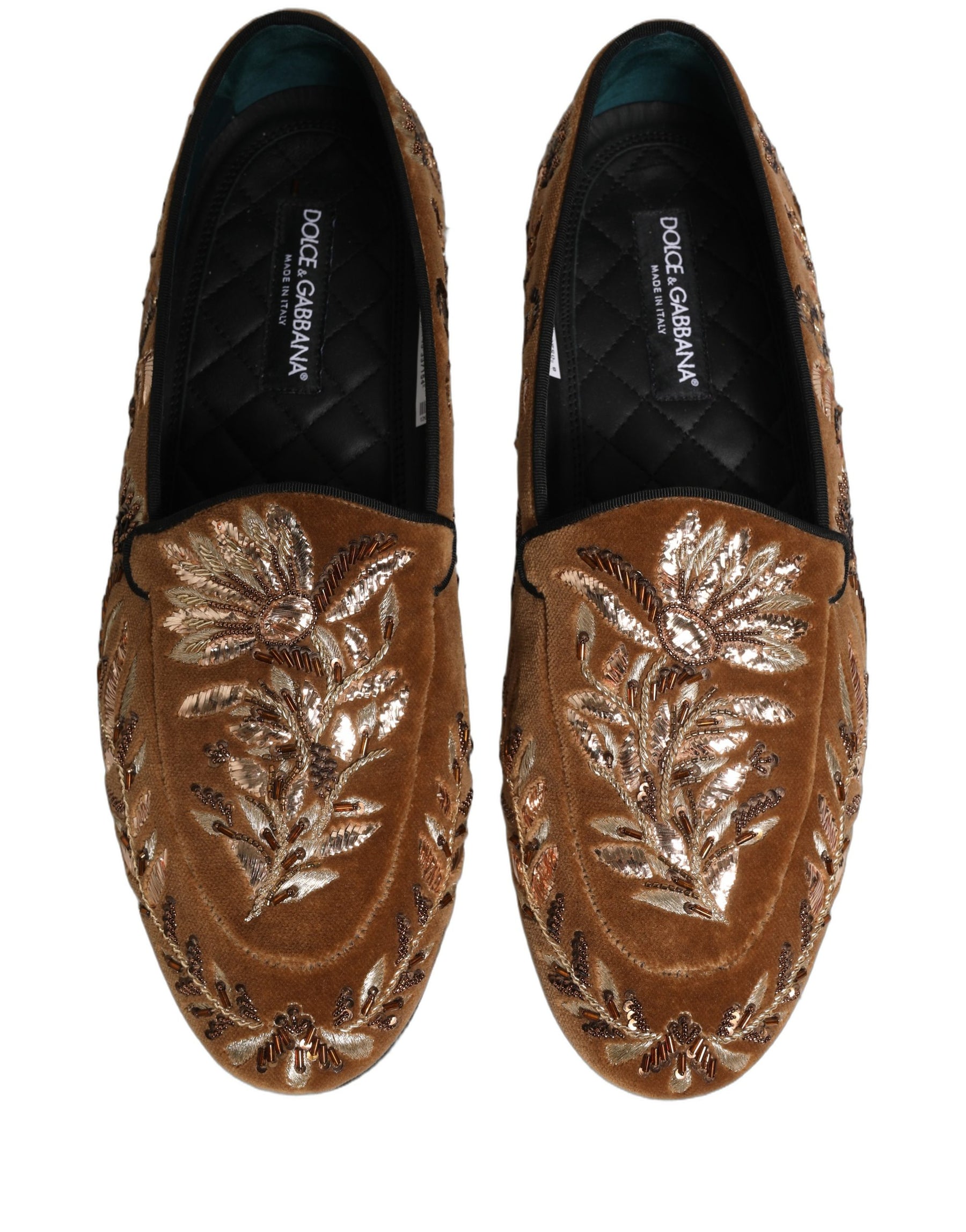 Dolce & Gabbana Brown Velvet Floral Embroidery Loafers Shoes | Regal Royce