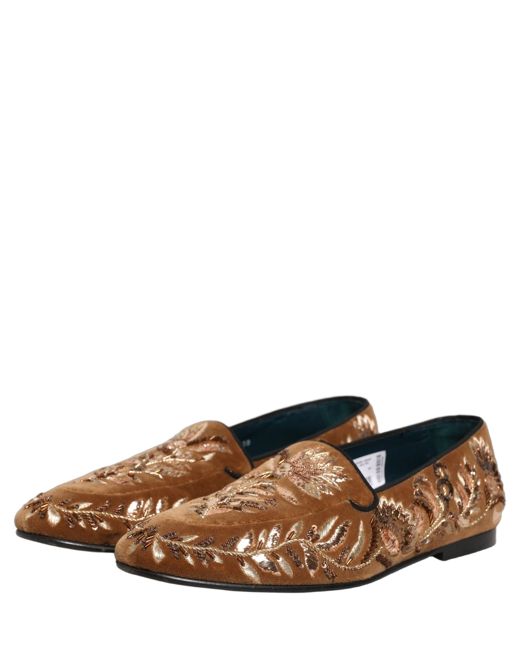 Dolce & Gabbana Brown Velvet Floral Embroidery Loafers Shoes | Regal Royce
