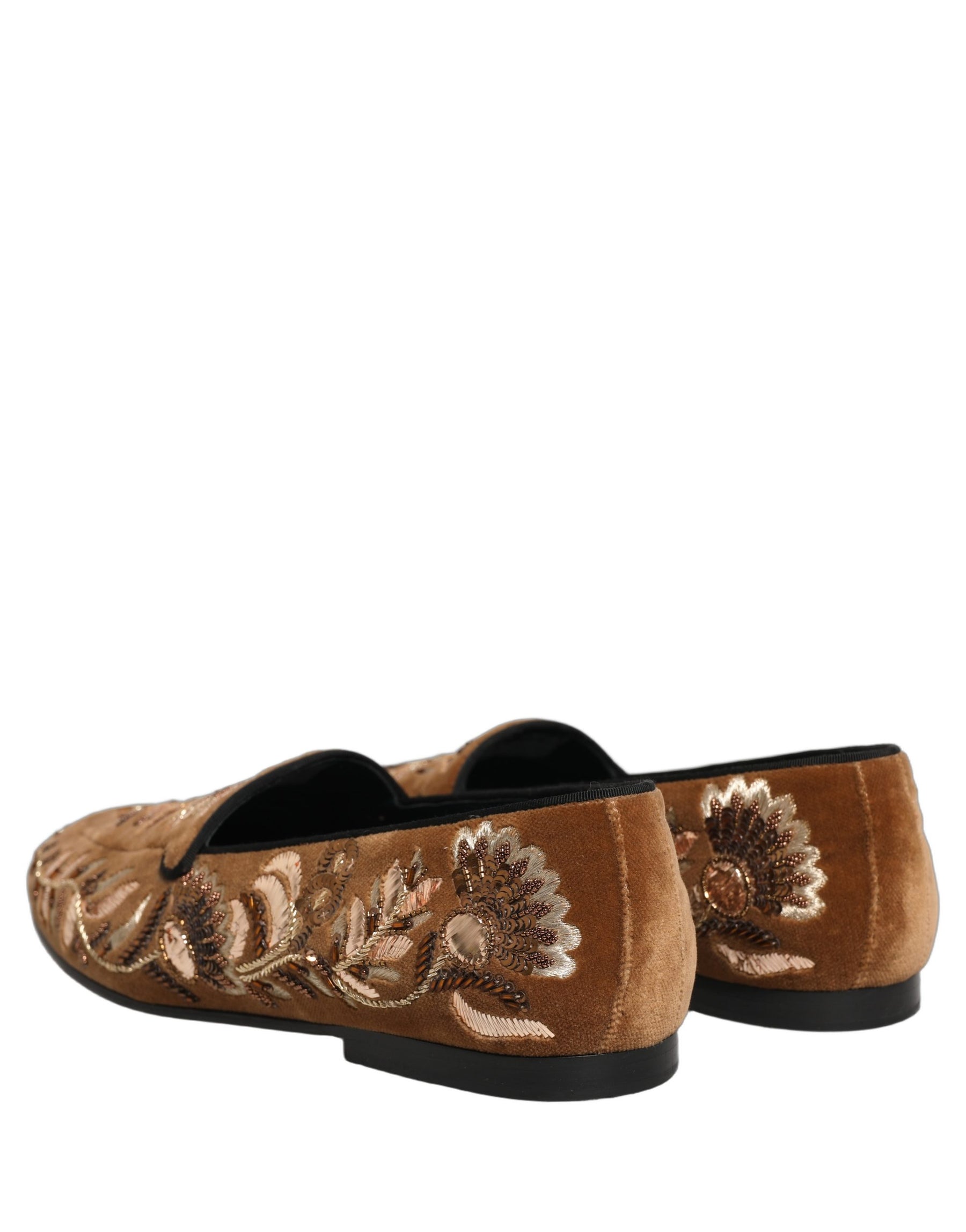 Dolce & Gabbana Brown Velvet Floral Embroidery Loafers Shoes | Regal Royce