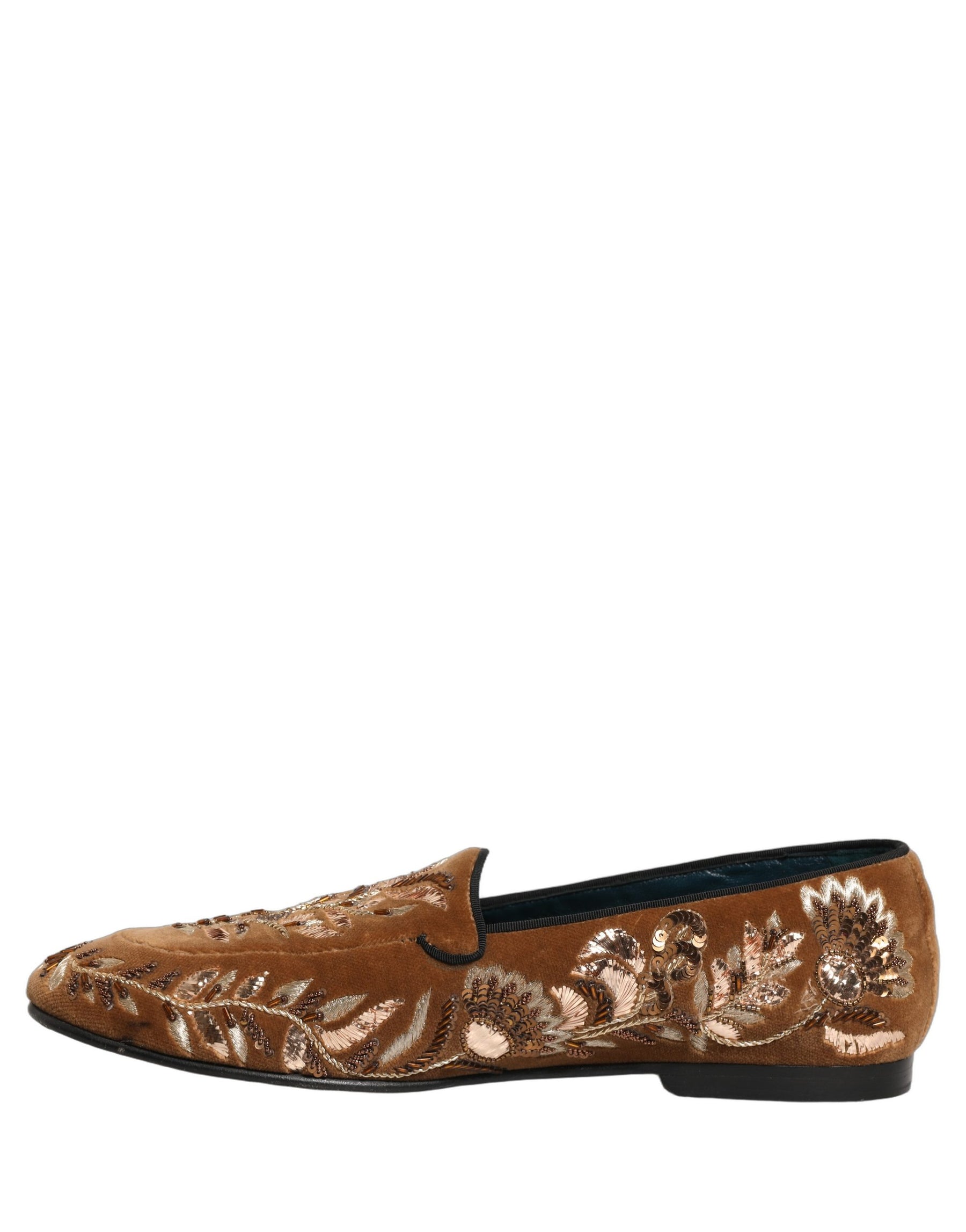 Dolce & Gabbana Brown Velvet Floral Embroidery Loafers Shoes | Regal Royce