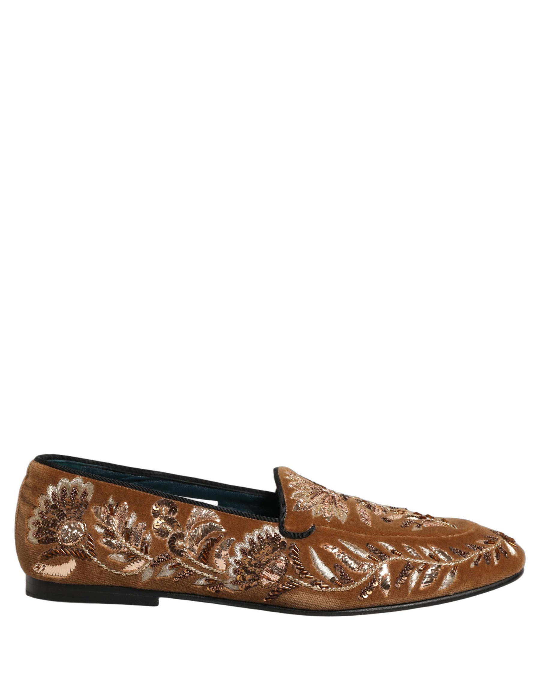 Dolce & Gabbana Brown Velvet Floral Embroidery Loafers Shoes | Regal Royce