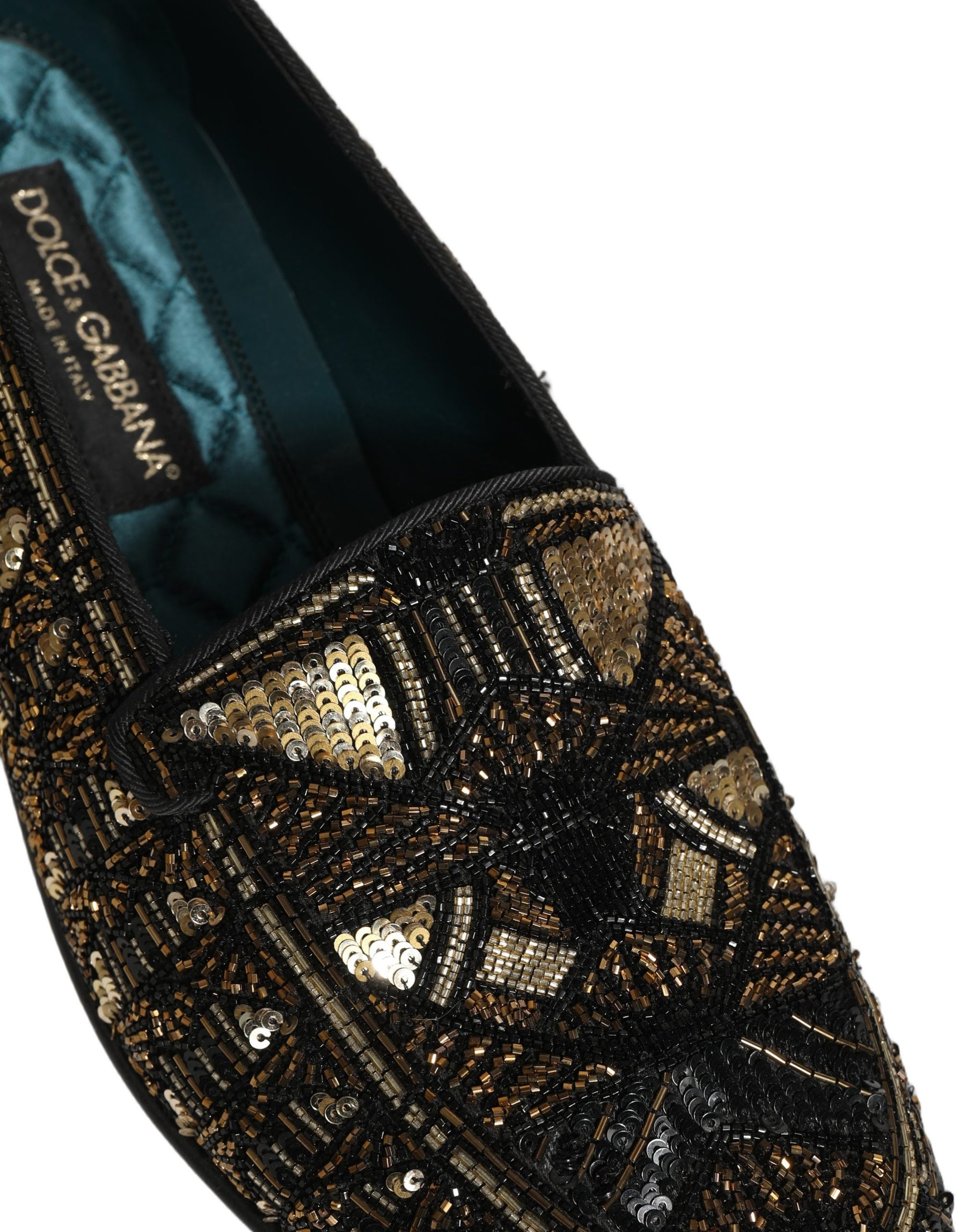 Dolce & Gabbana Black Gold Embellished Slip On Loafers Shoes | Regal Royce
