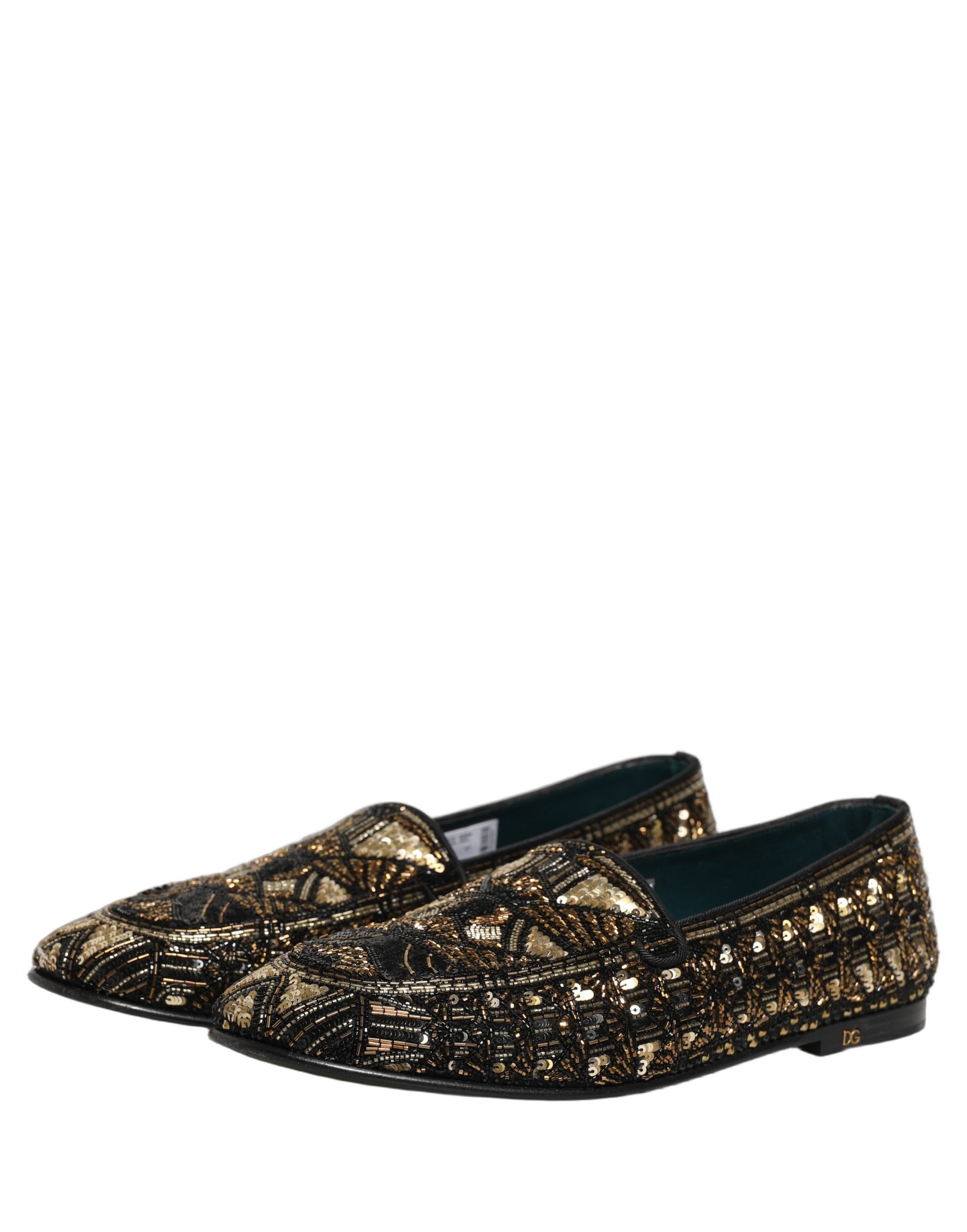 Dolce & Gabbana Black Gold Embellished Slip On Loafers Shoes | Regal Royce