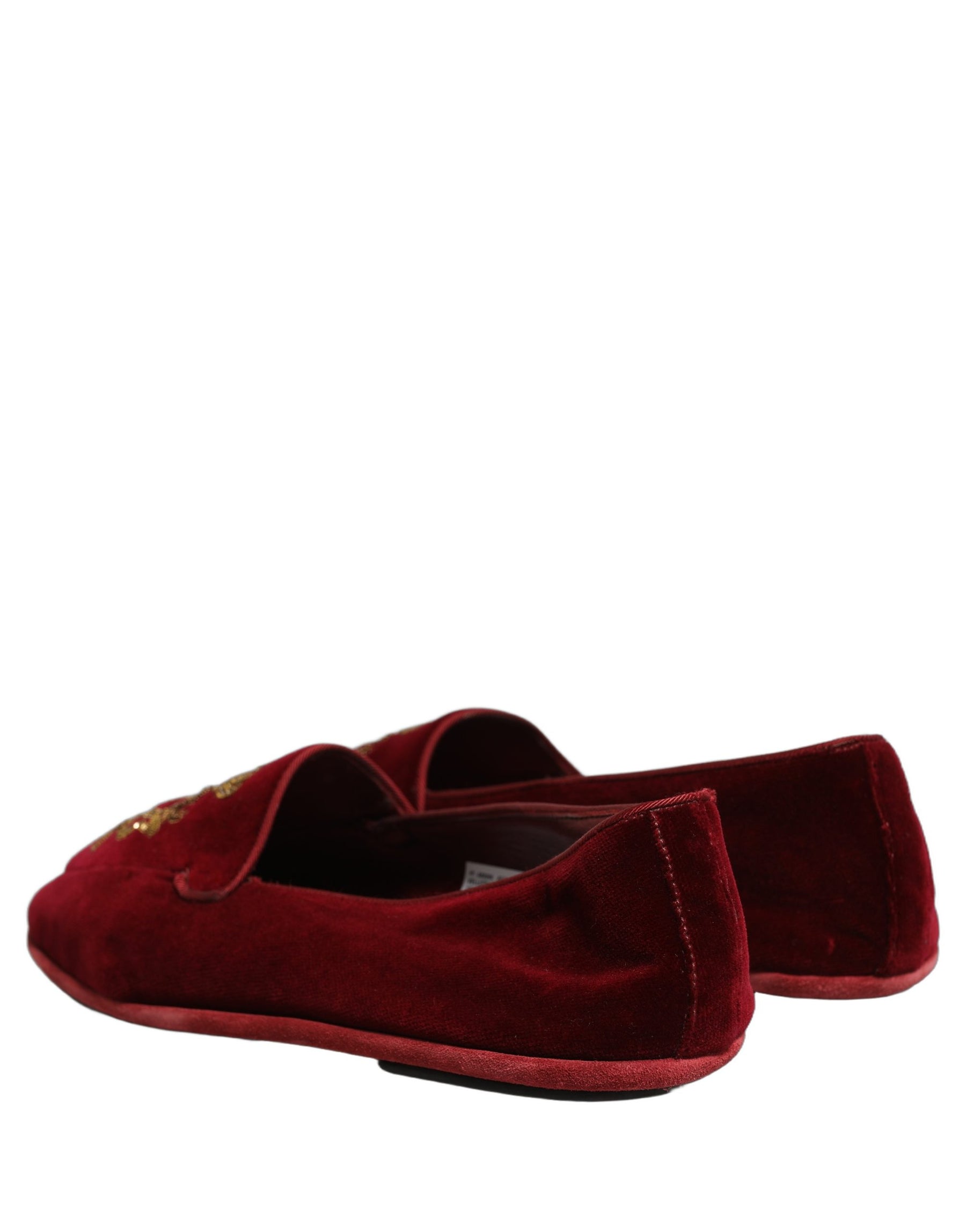Dolce & Gabbana Maroon Velvet Crown Embroidery Loafers Shoes | Regal Royce