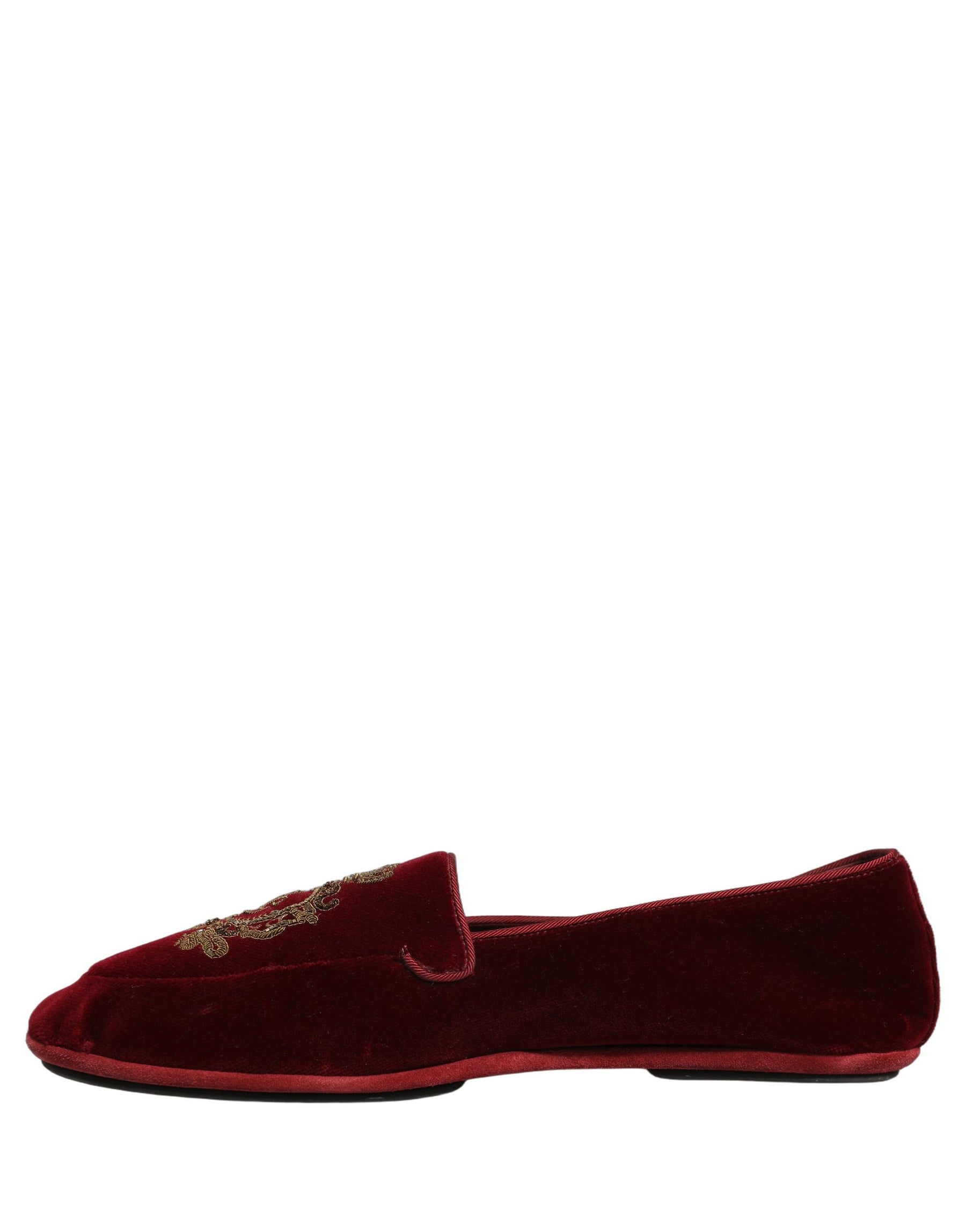Dolce & Gabbana Maroon Velvet Crown Embroidery Loafers Shoes | Regal Royce