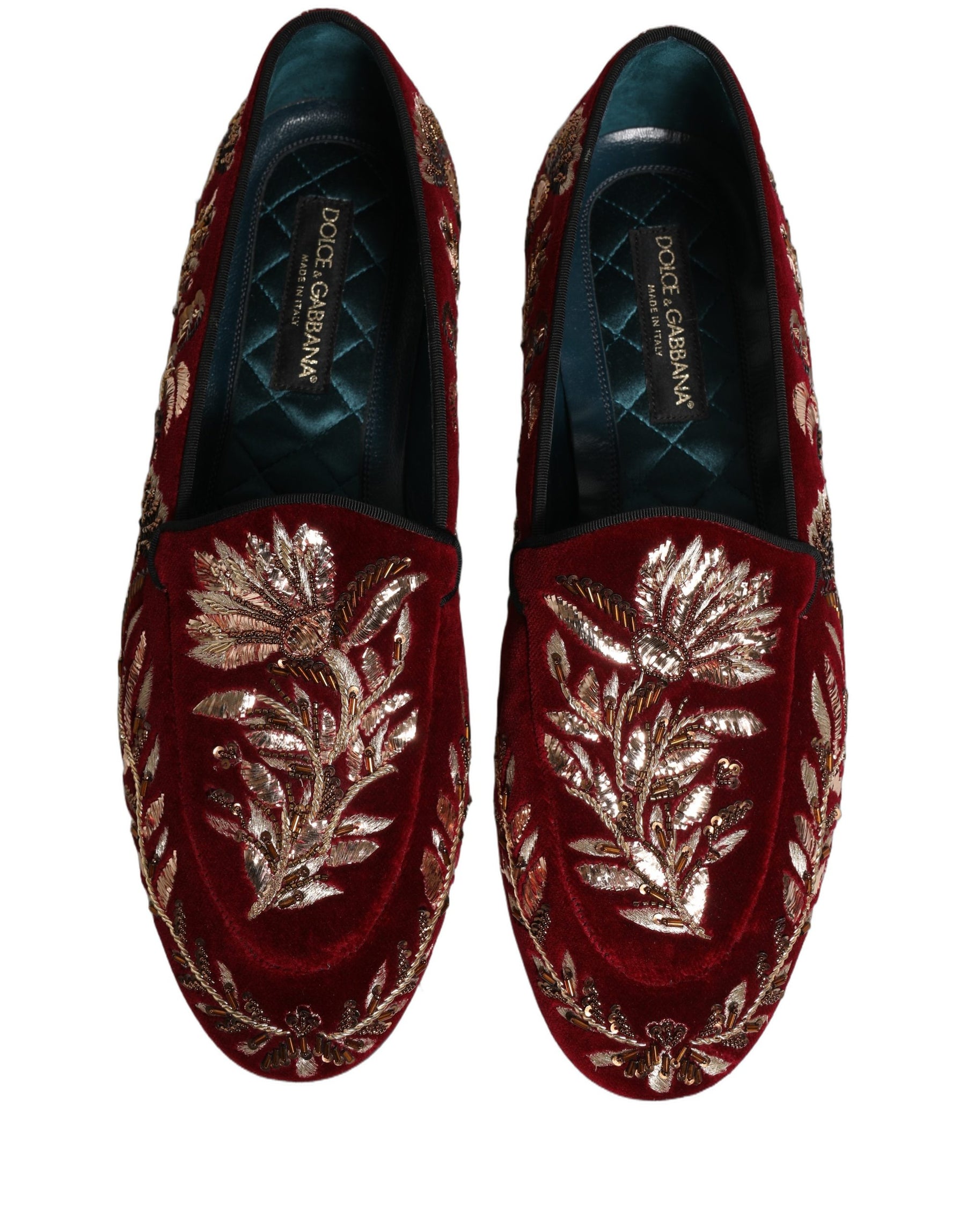 Dolce & Gabbana Red Velvet Floral Embroidery Loafers Shoes | Regal Royce