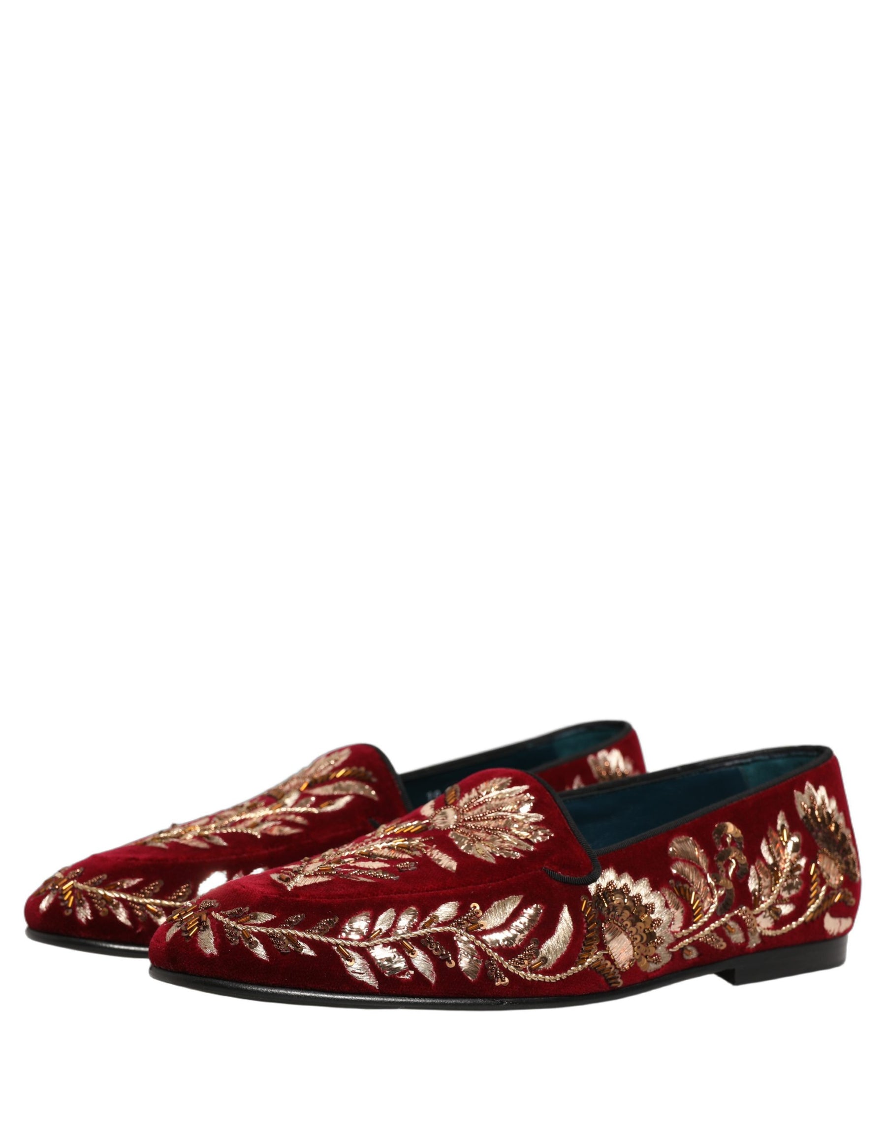 Dolce & Gabbana Red Velvet Floral Embroidery Loafers Shoes | Regal Royce