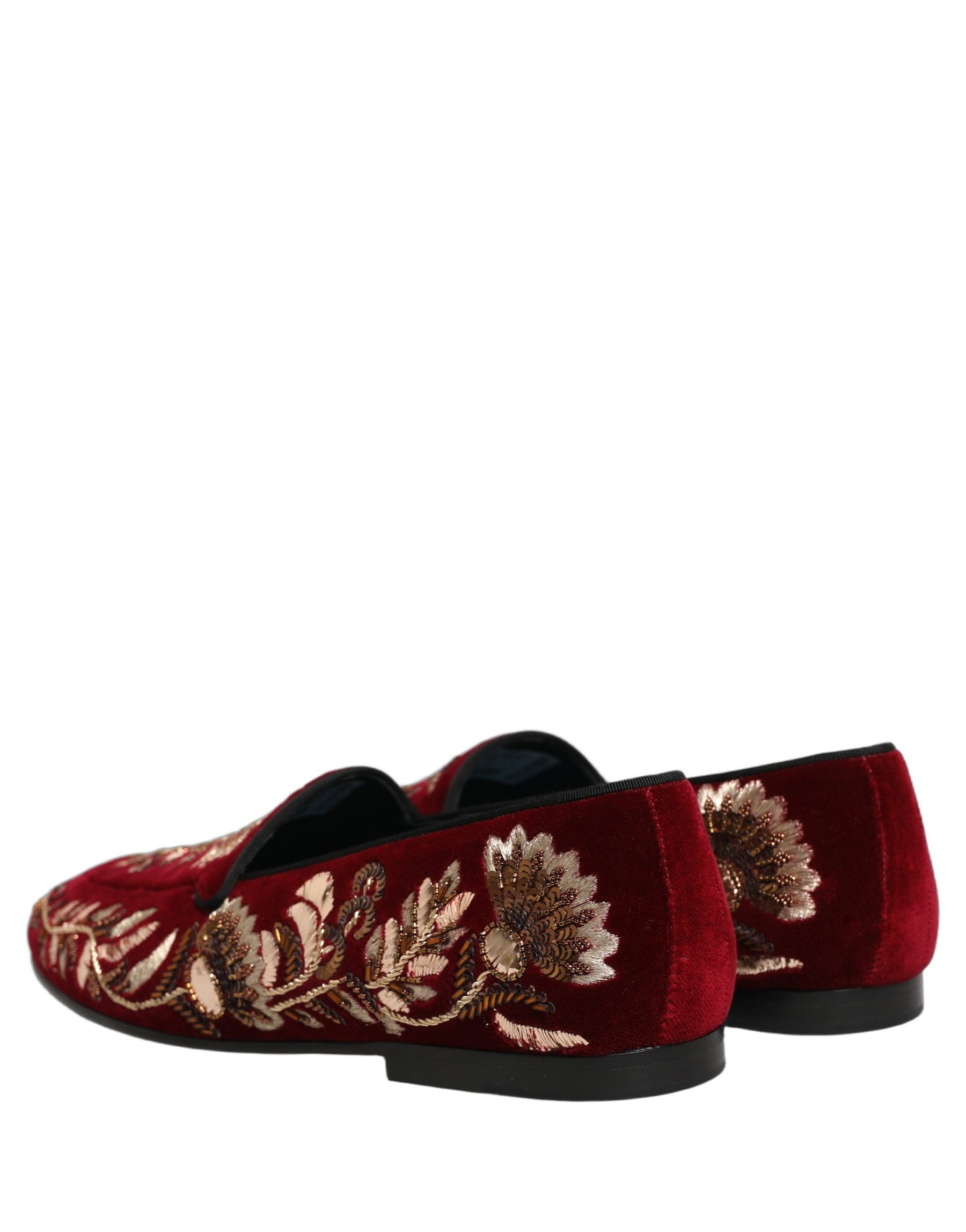 Dolce & Gabbana Red Velvet Floral Embroidery Loafers Shoes | Regal Royce