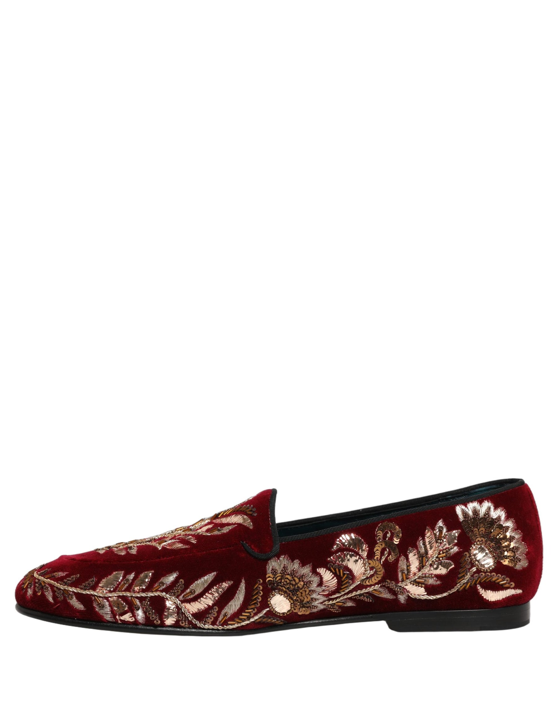 Dolce & Gabbana Red Velvet Floral Embroidery Loafers Shoes | Regal Royce