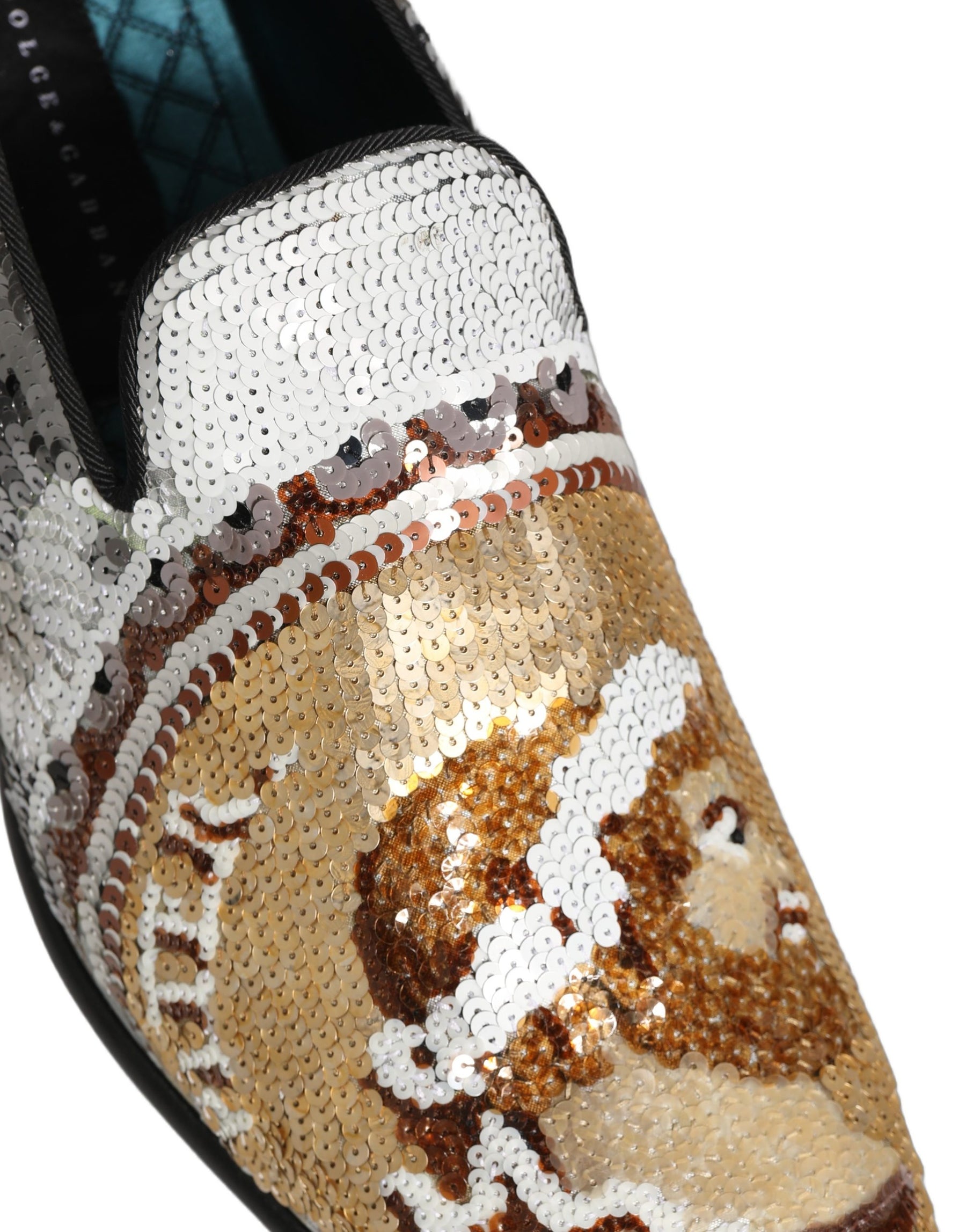 Dolce & Gabbana White Gold Sequined Slip On Loafers Shoes | Regal Royce