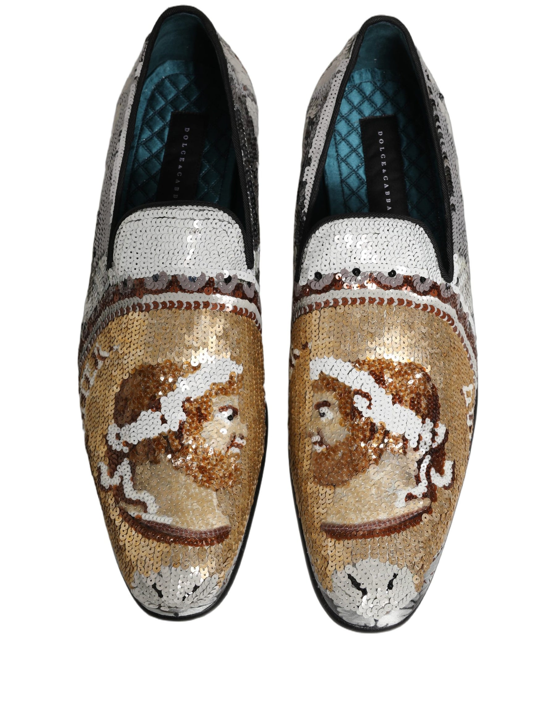 Dolce & Gabbana White Gold Sequined Slip On Loafers Shoes | Regal Royce