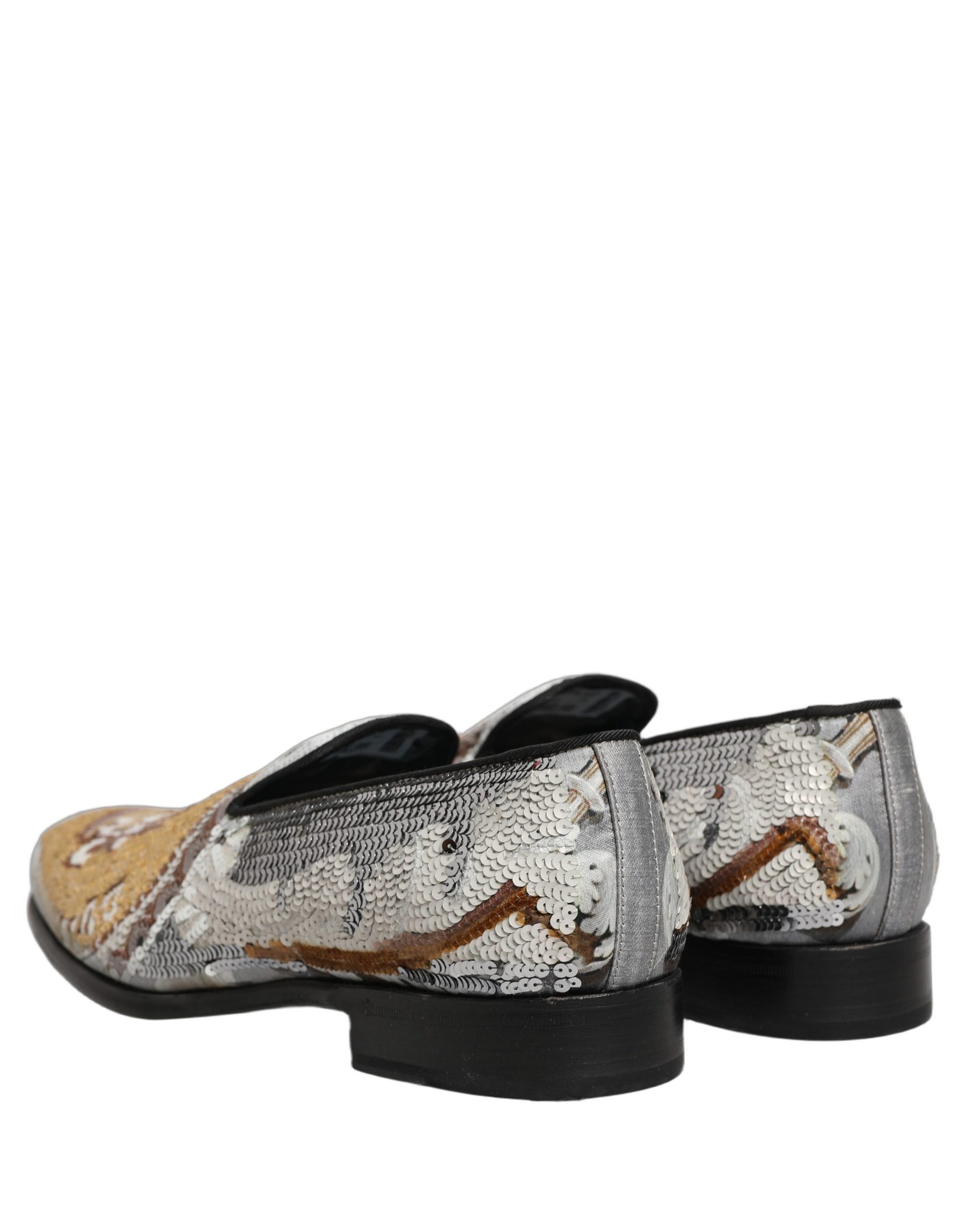 Dolce & Gabbana White Gold Sequined Slip On Loafers Shoes | Regal Royce