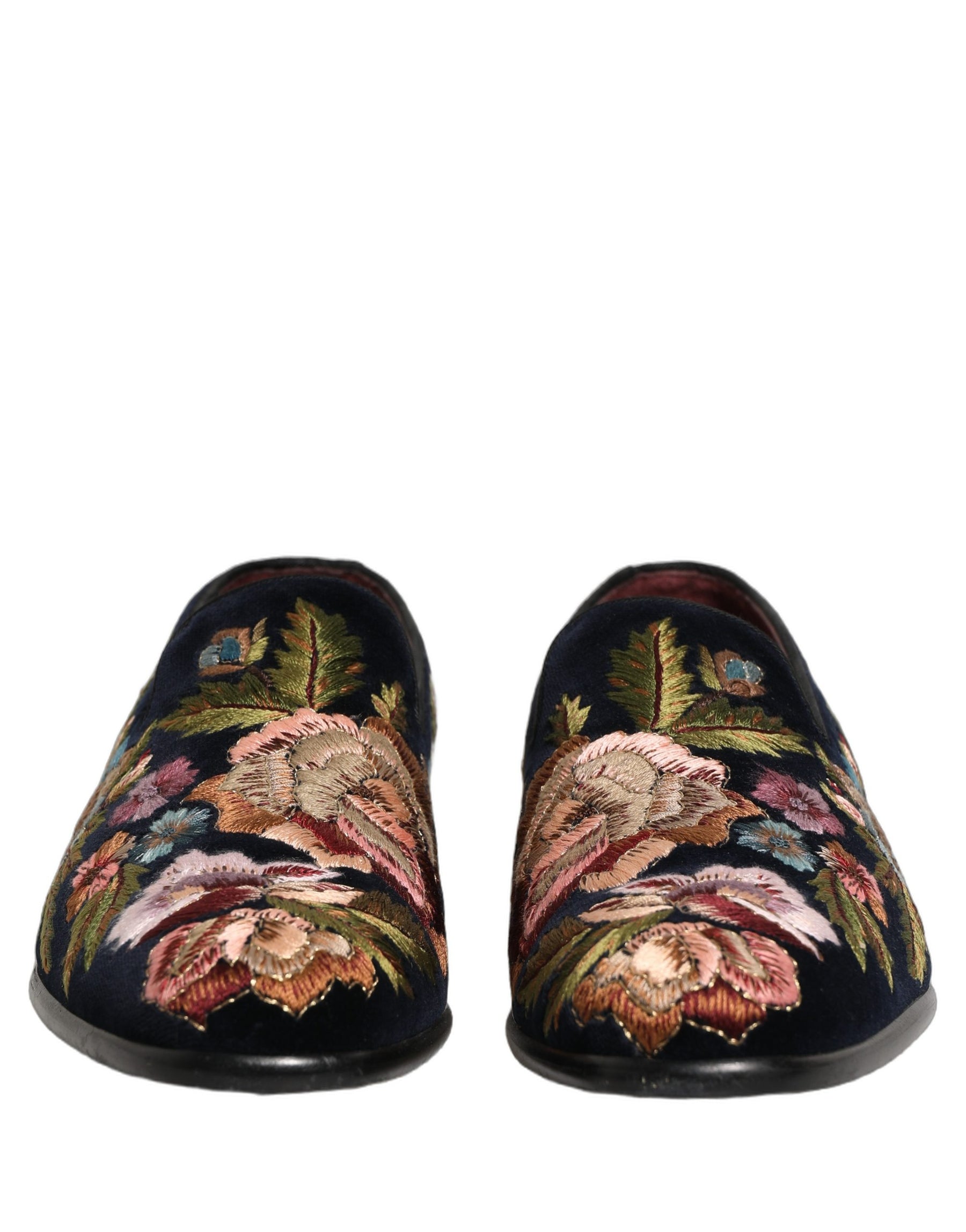 Dolce & Gabbana Black Velvet Floral Embroidery Loafers Shoes | Regal Royce