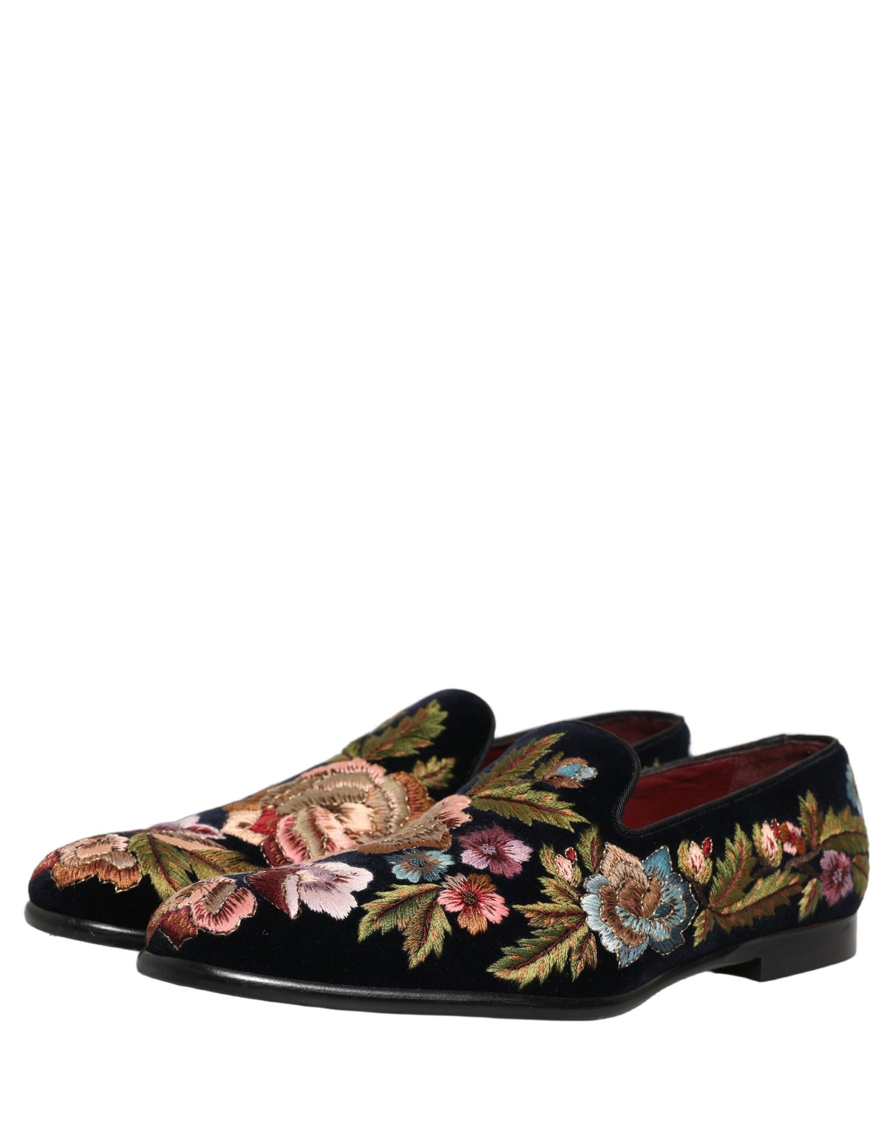 Dolce & Gabbana Black Velvet Floral Embroidery Loafers Shoes | Regal Royce