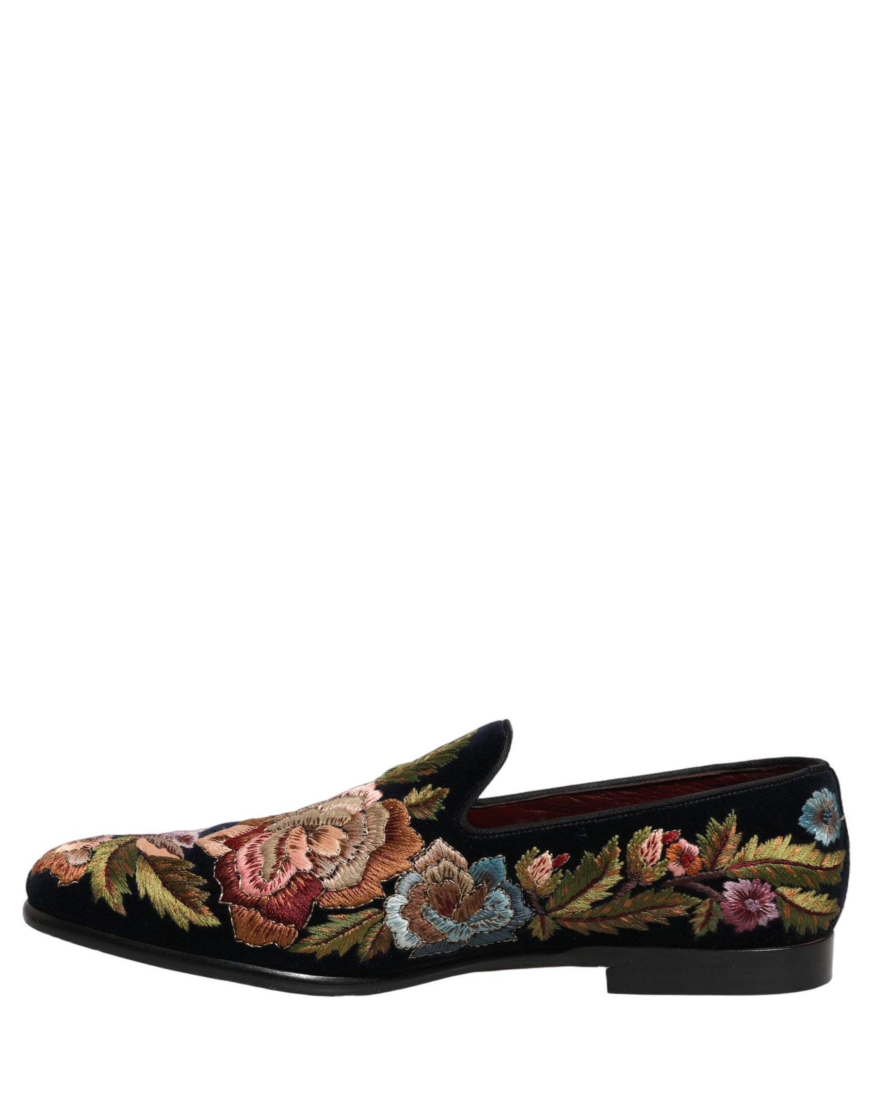 Dolce & Gabbana Black Velvet Floral Embroidery Loafers Shoes | Regal Royce