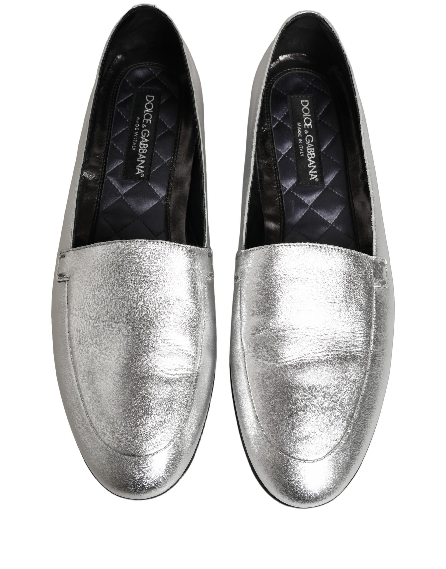 Dolce & Gabbana Silver Leather DG Logo Slip On Loafers Shoes | Regal Royce