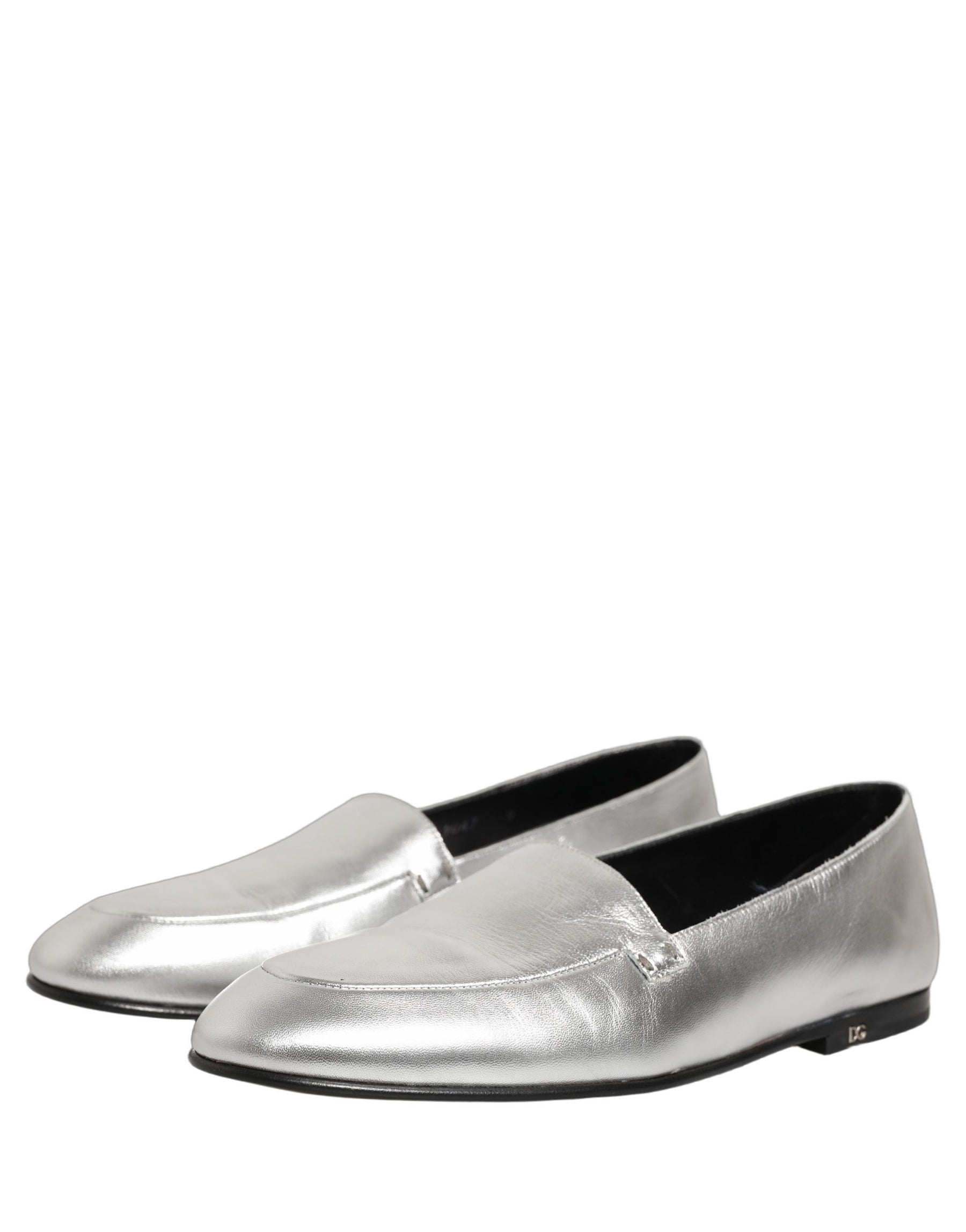 Dolce & Gabbana Silver Leather DG Logo Slip On Loafers Shoes | Regal Royce