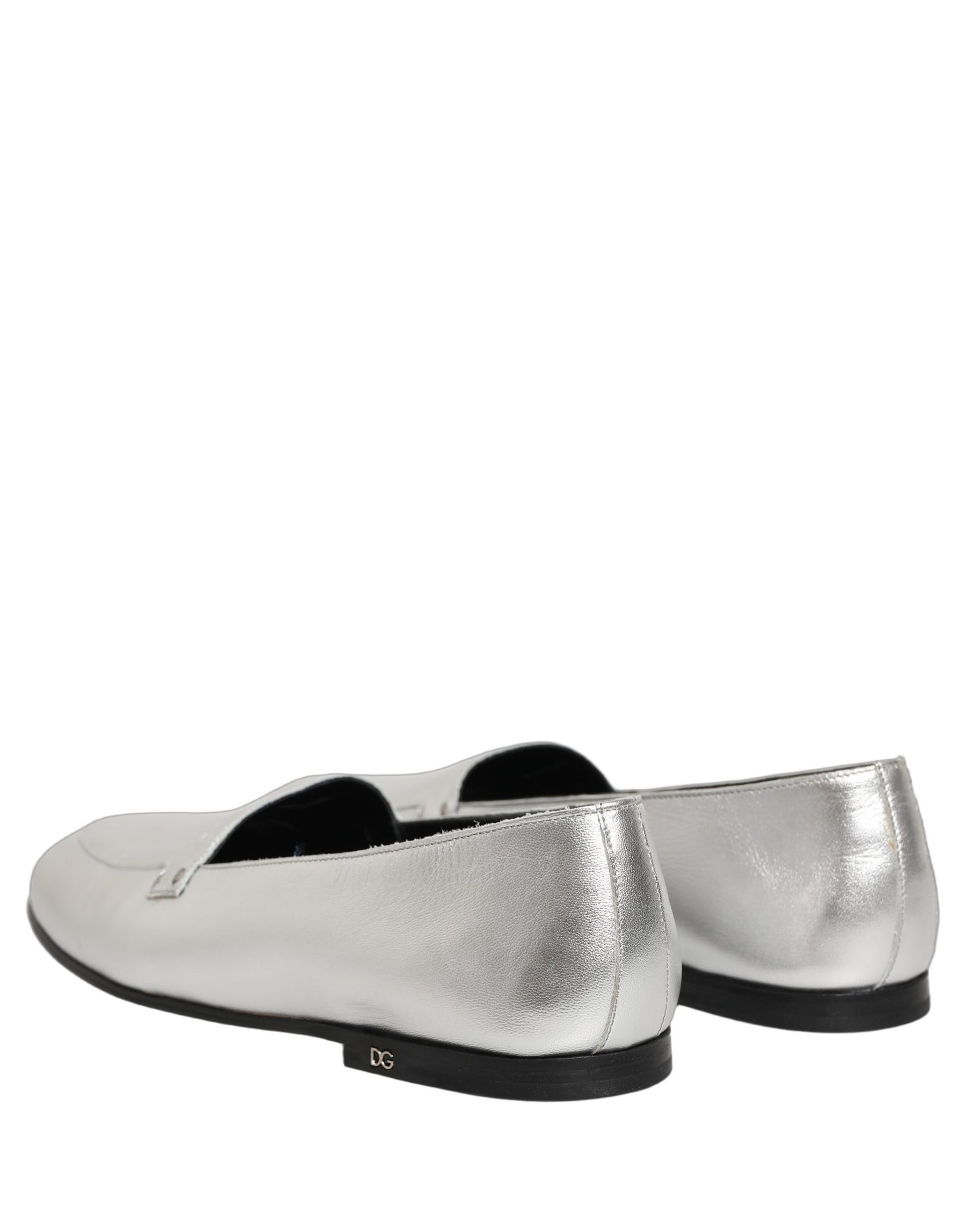 Dolce & Gabbana Silver Leather DG Logo Slip On Loafers Shoes | Regal Royce
