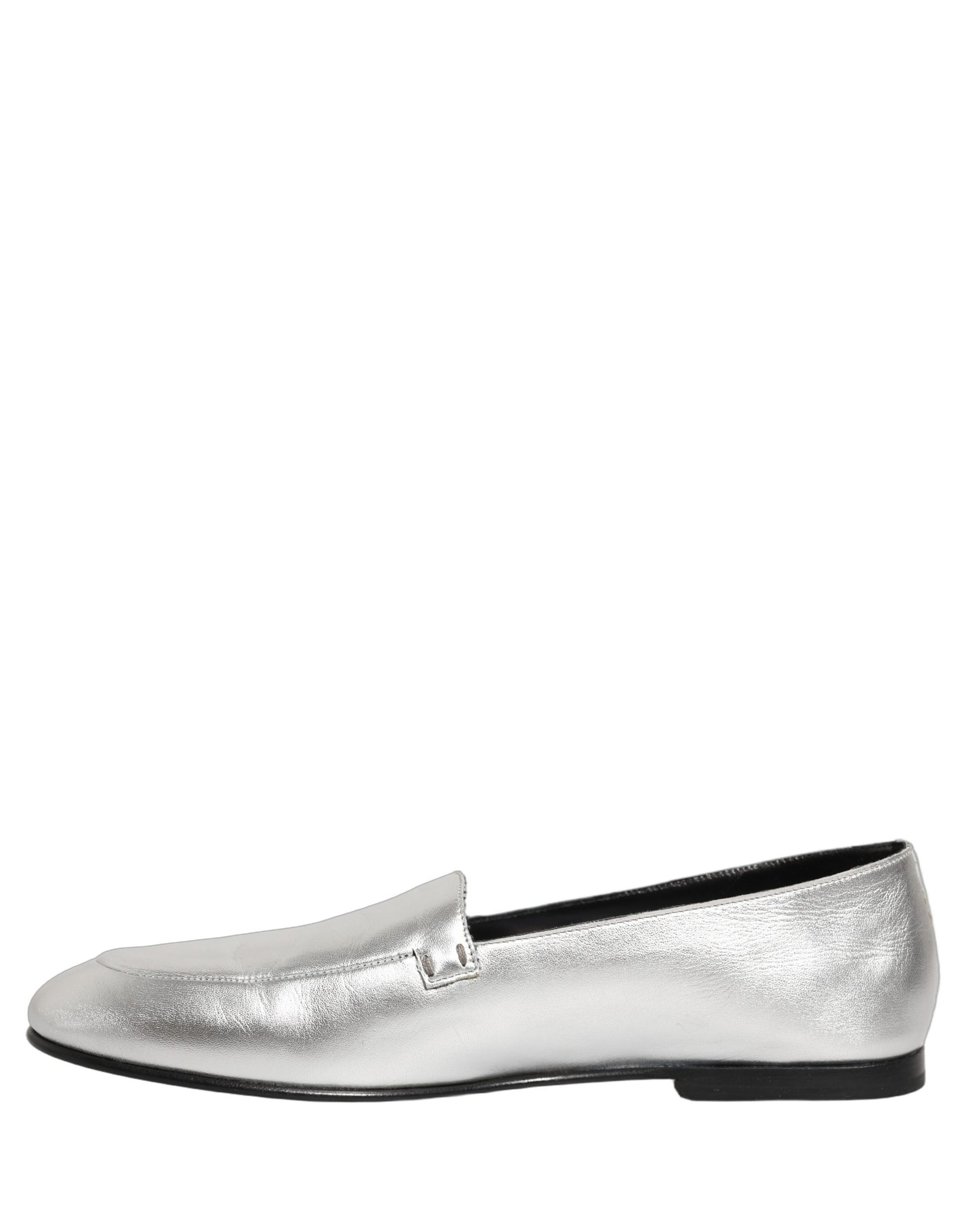 Dolce & Gabbana Silver Leather DG Logo Slip On Loafers Shoes | Regal Royce