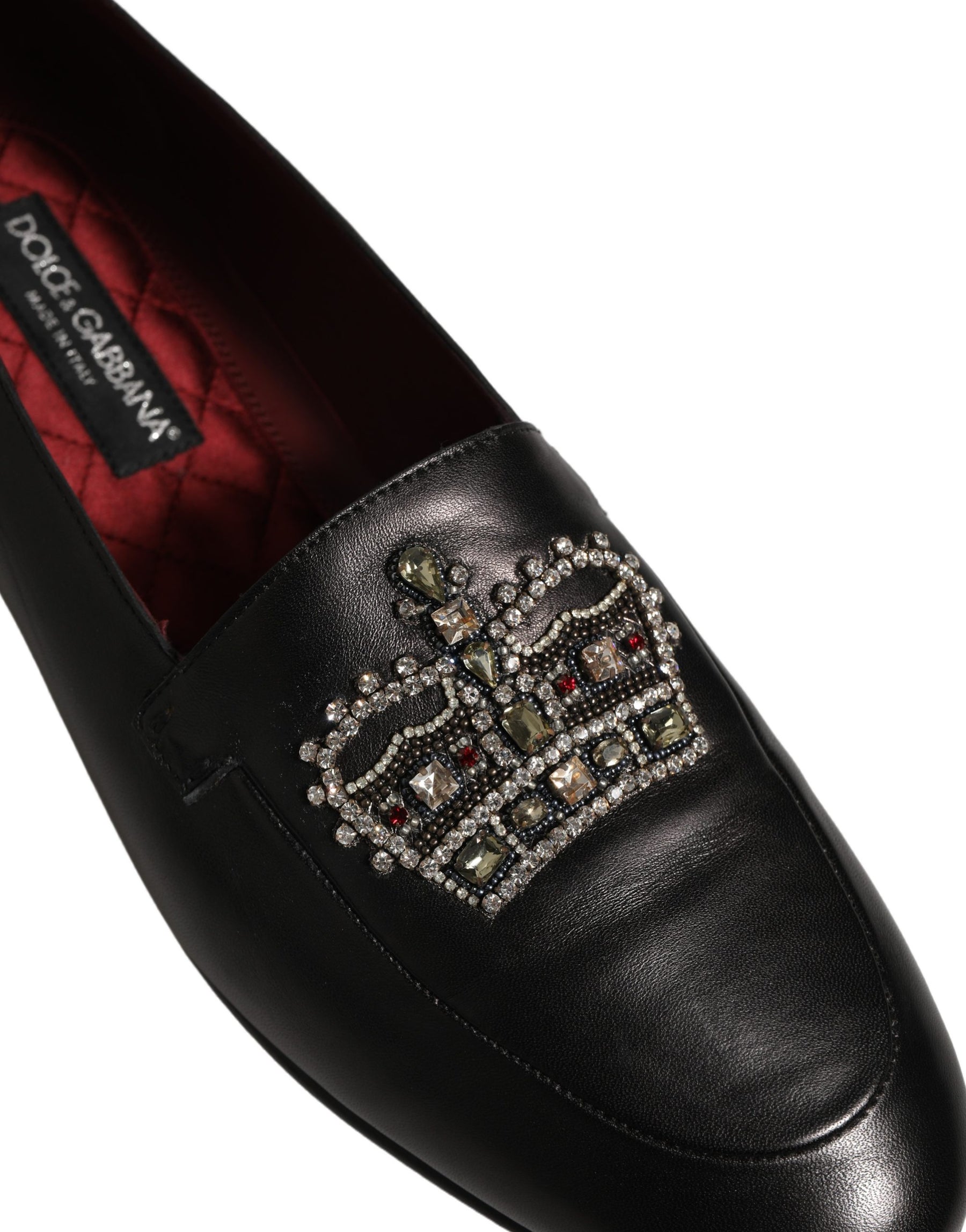 Dolce & Gabbana Black Leather Crown Embellished Loafers Shoes | Regal Royce