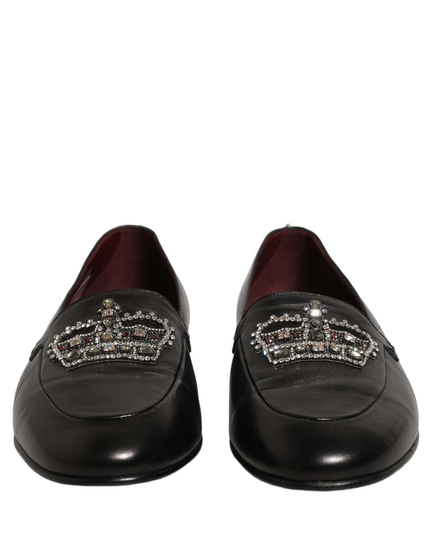 Dolce & Gabbana Black Leather Crown Embellished Loafers Shoes | Regal Royce