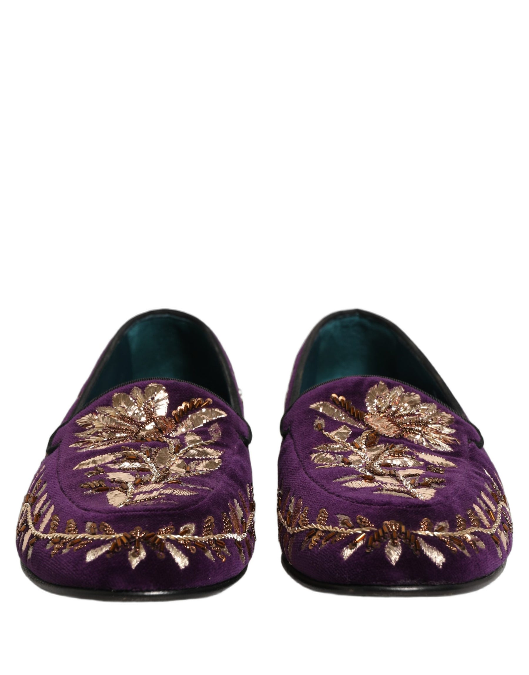 Dolce & Gabbana Violet Velvet Floral Embroidery Loafers Shoes | Regal Royce
