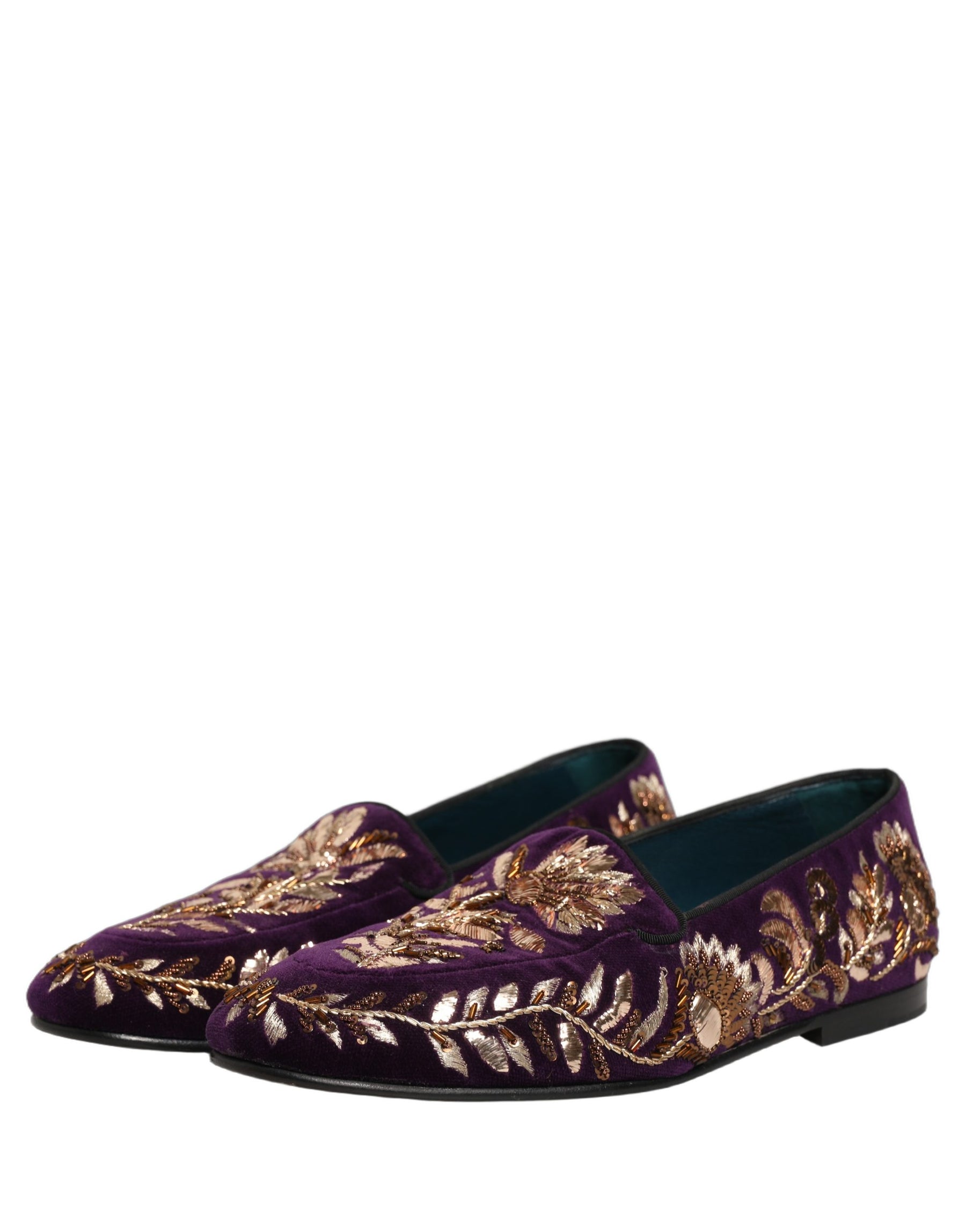 Dolce & Gabbana Violet Velvet Floral Embroidery Loafers Shoes | Regal Royce