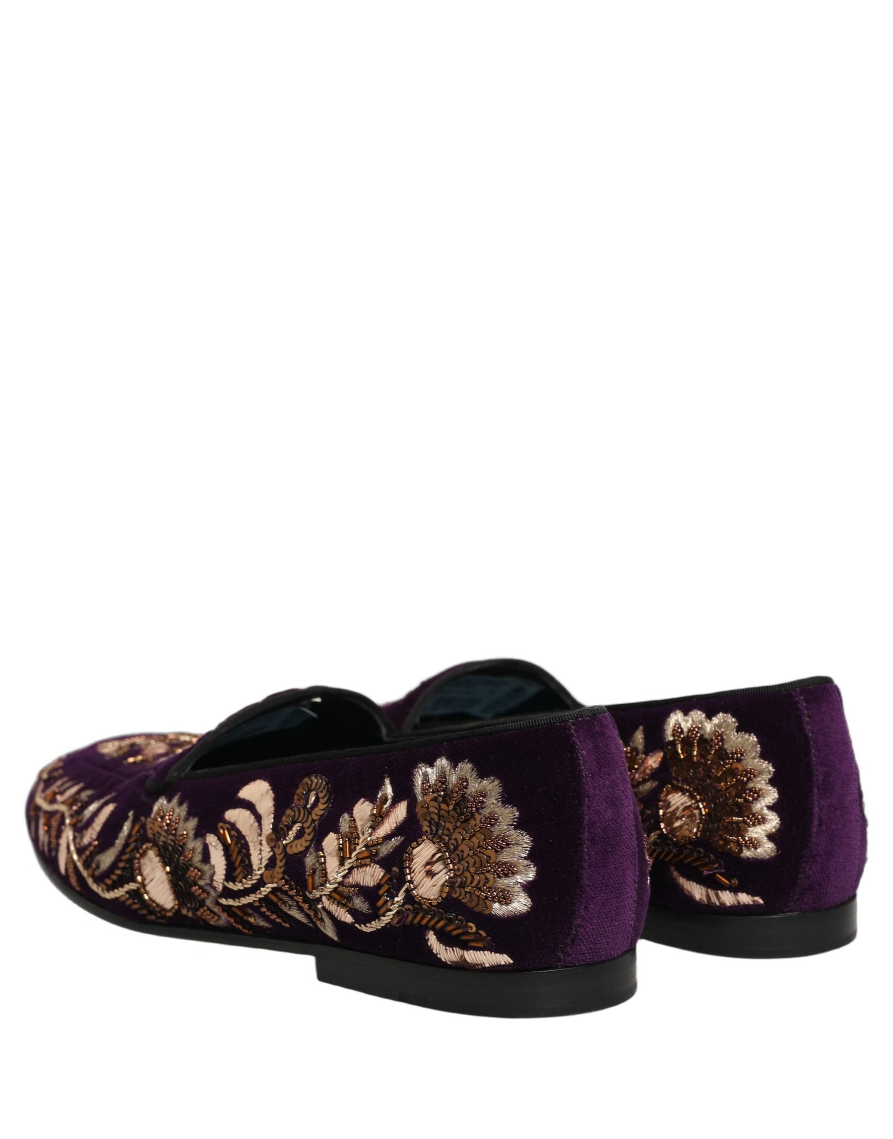 Dolce & Gabbana Violet Velvet Floral Embroidery Loafers Shoes | Regal Royce