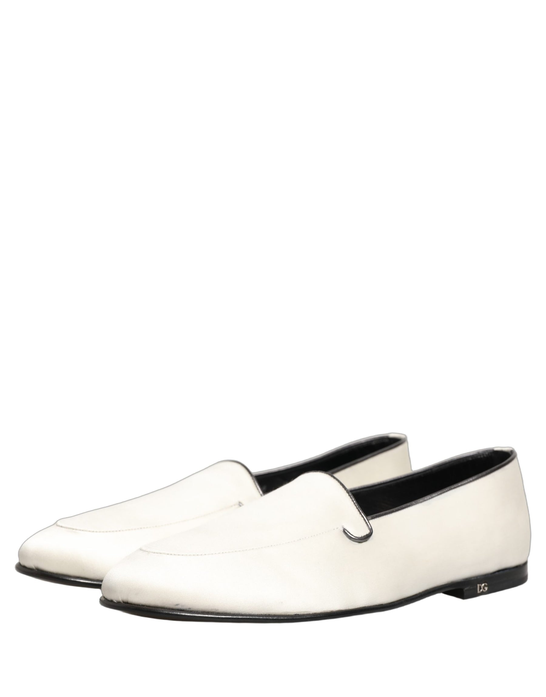 Dolce & Gabbana White Satin Logo Slip On Flats Loafers Shoes | Regal Royce