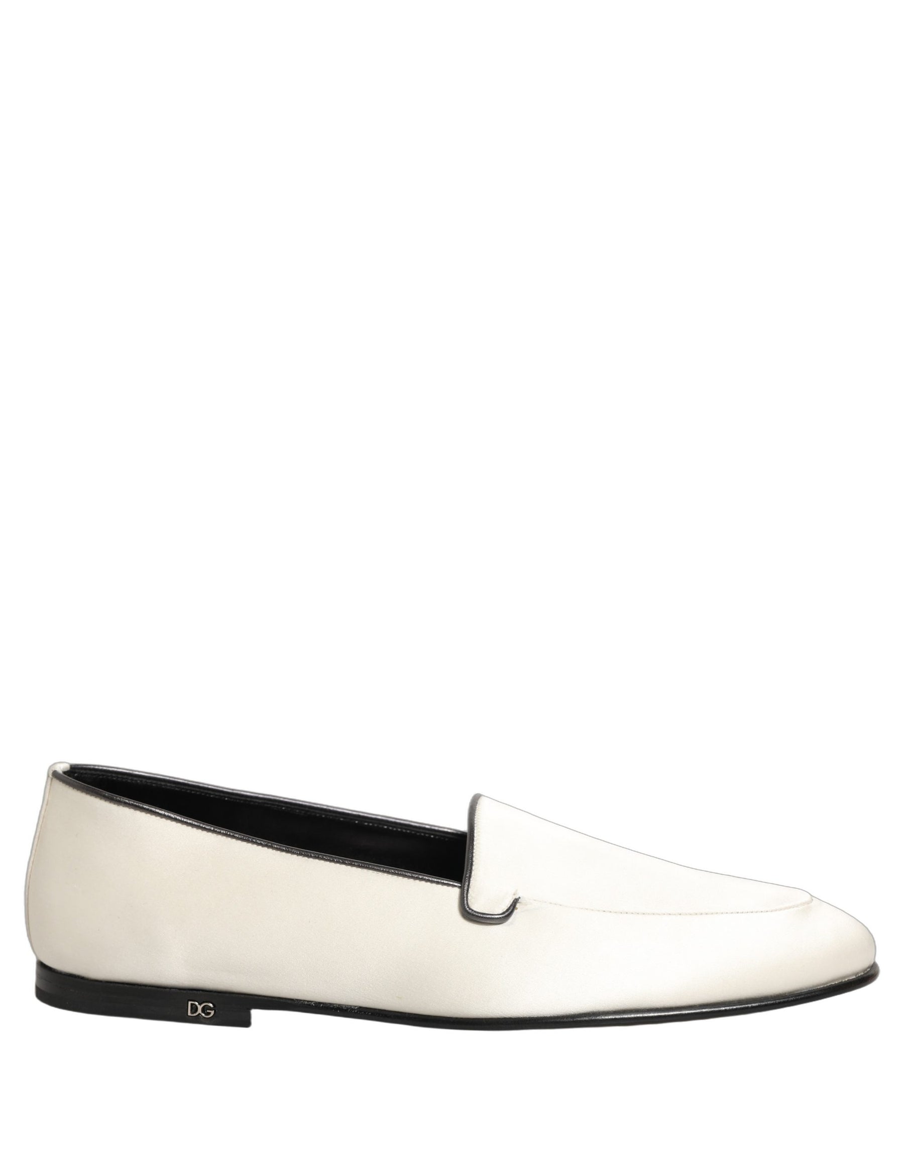 Dolce & Gabbana White Satin Logo Slip On Flats Loafers Shoes | Regal Royce