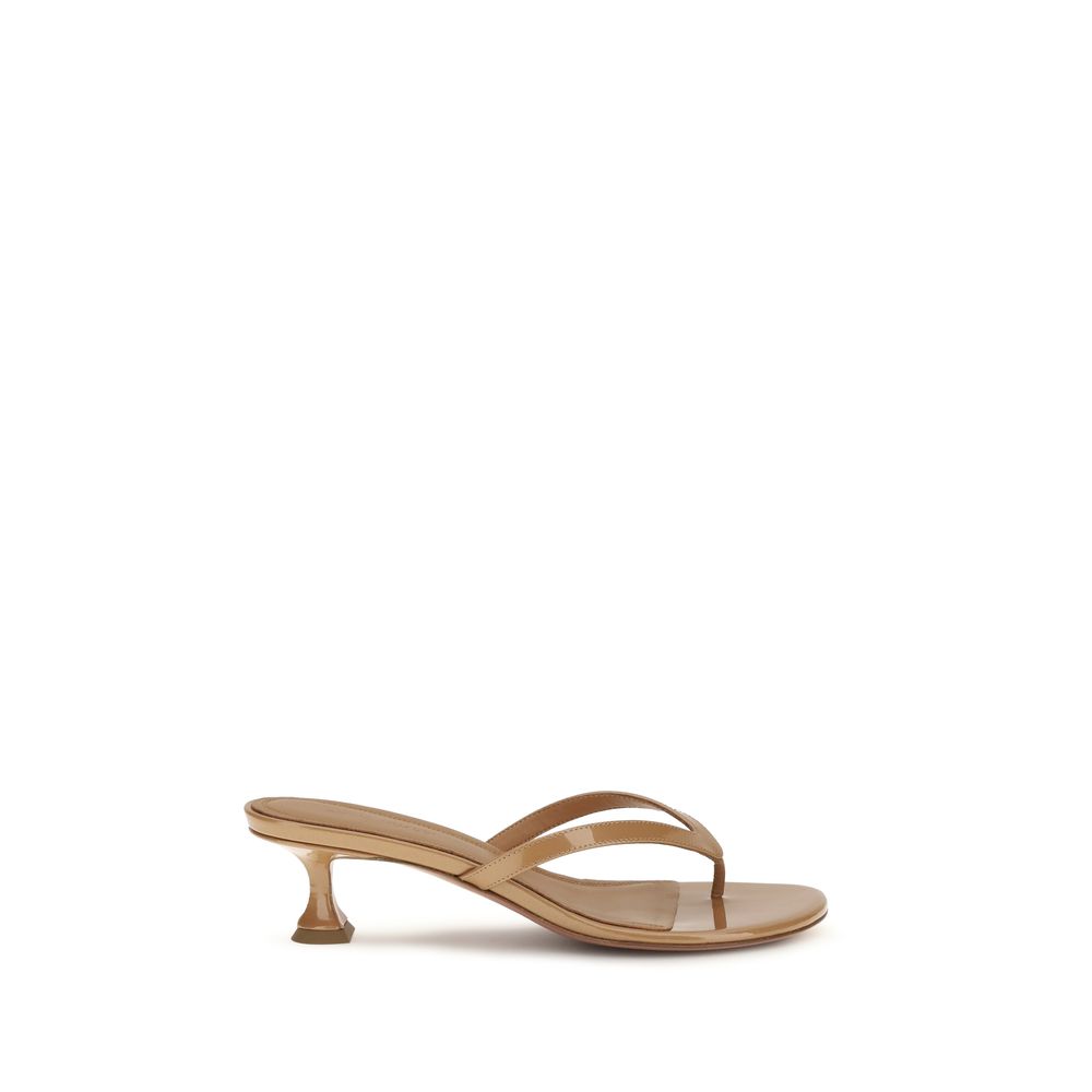 Amina Muaddi Beige Calf Leather Bos Taurus Flat Sandals | Regal Royce