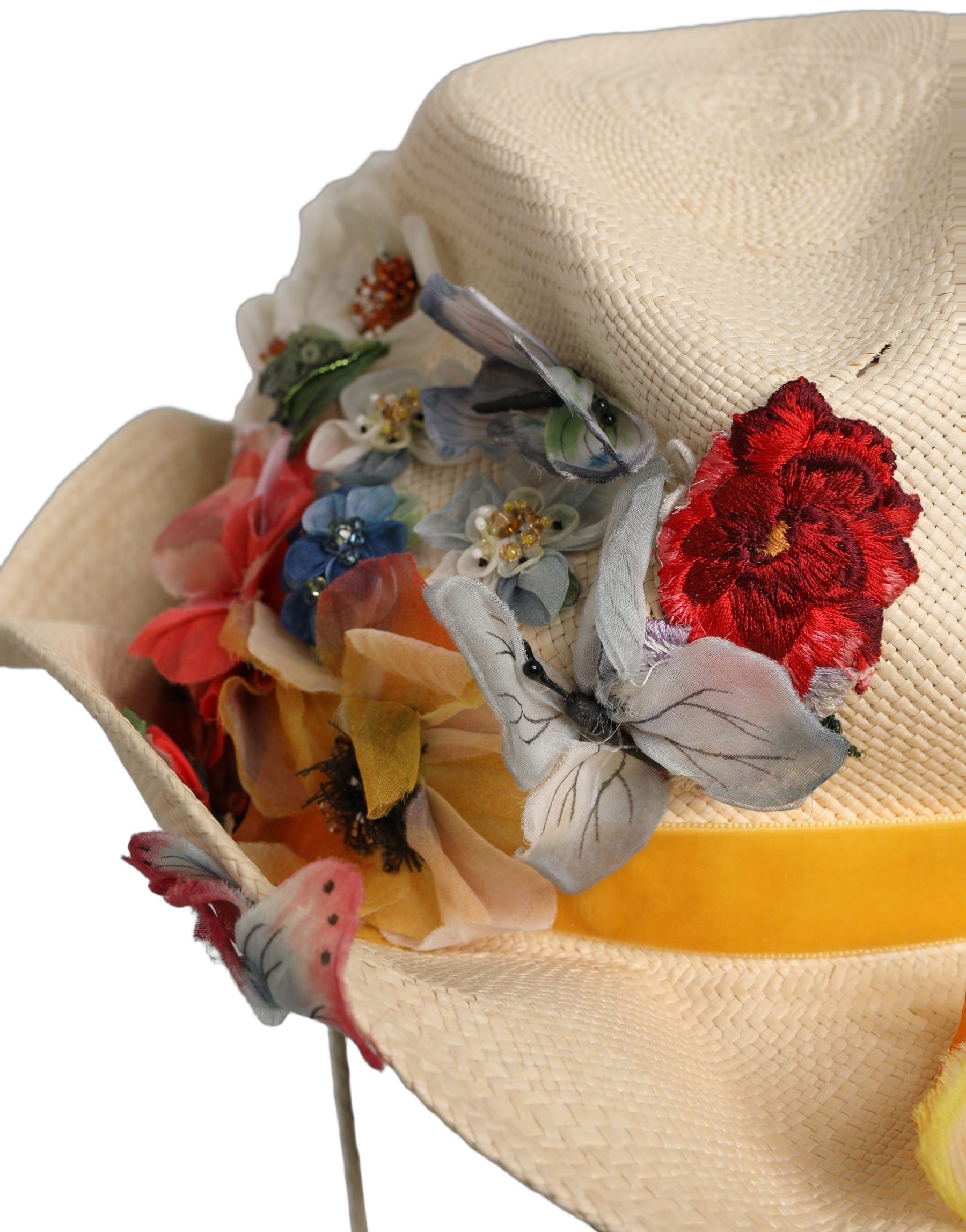 Dolce & Gabbana Women Beige Floral Apllique Straw Bucket Hat | Regal Royce
