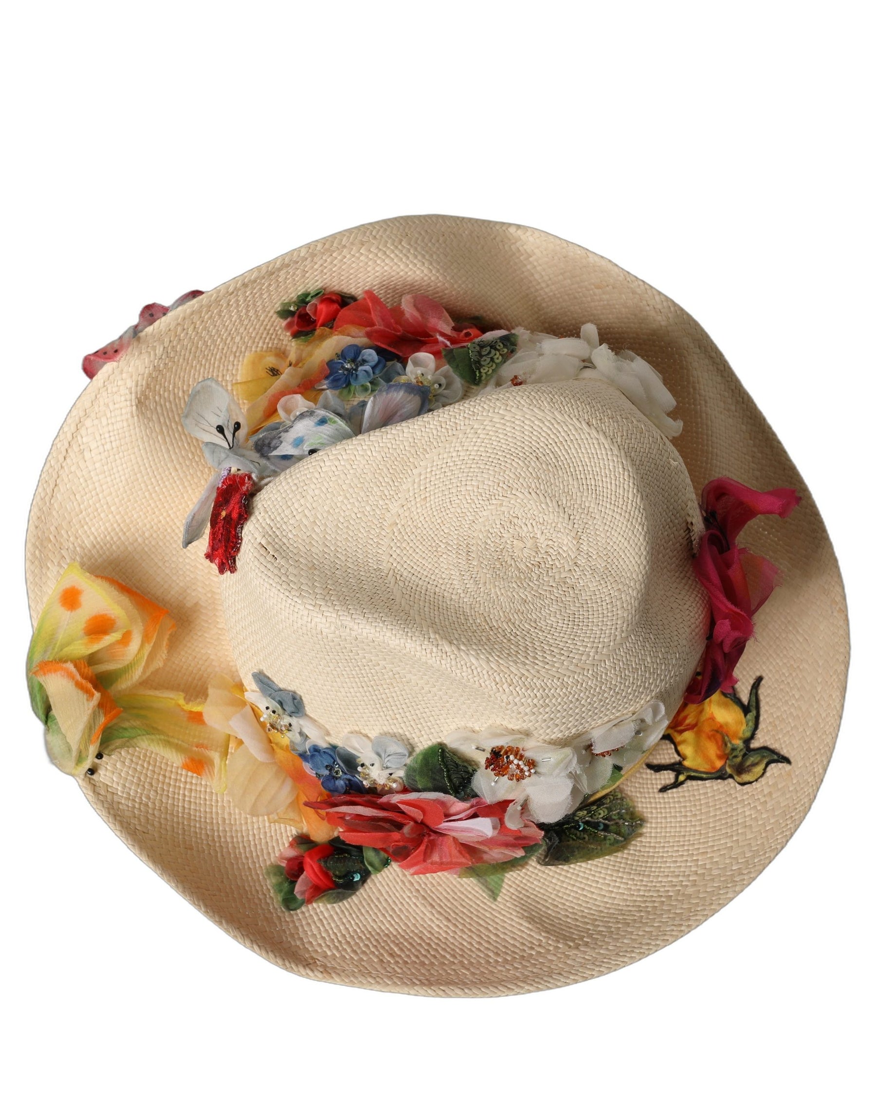 Dolce & Gabbana Women Beige Floral Apllique Straw Bucket Hat | Regal Royce