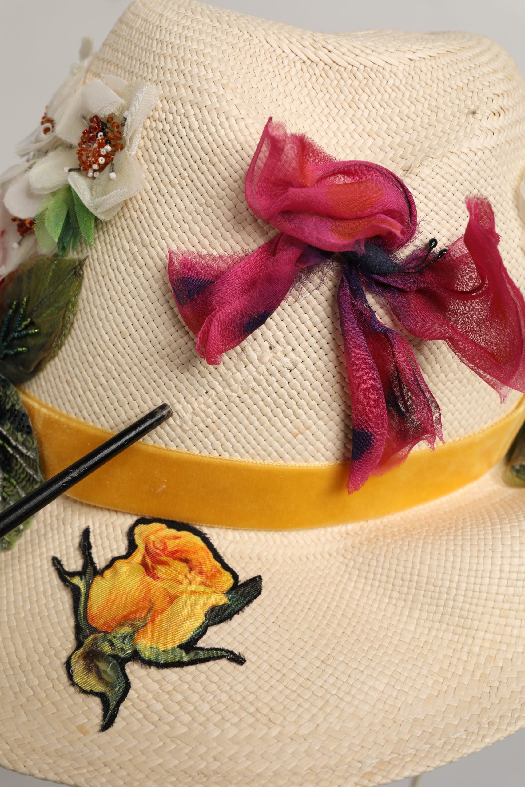 Dolce & Gabbana Women Beige Floral Apllique Straw Bucket Hat | Regal Royce