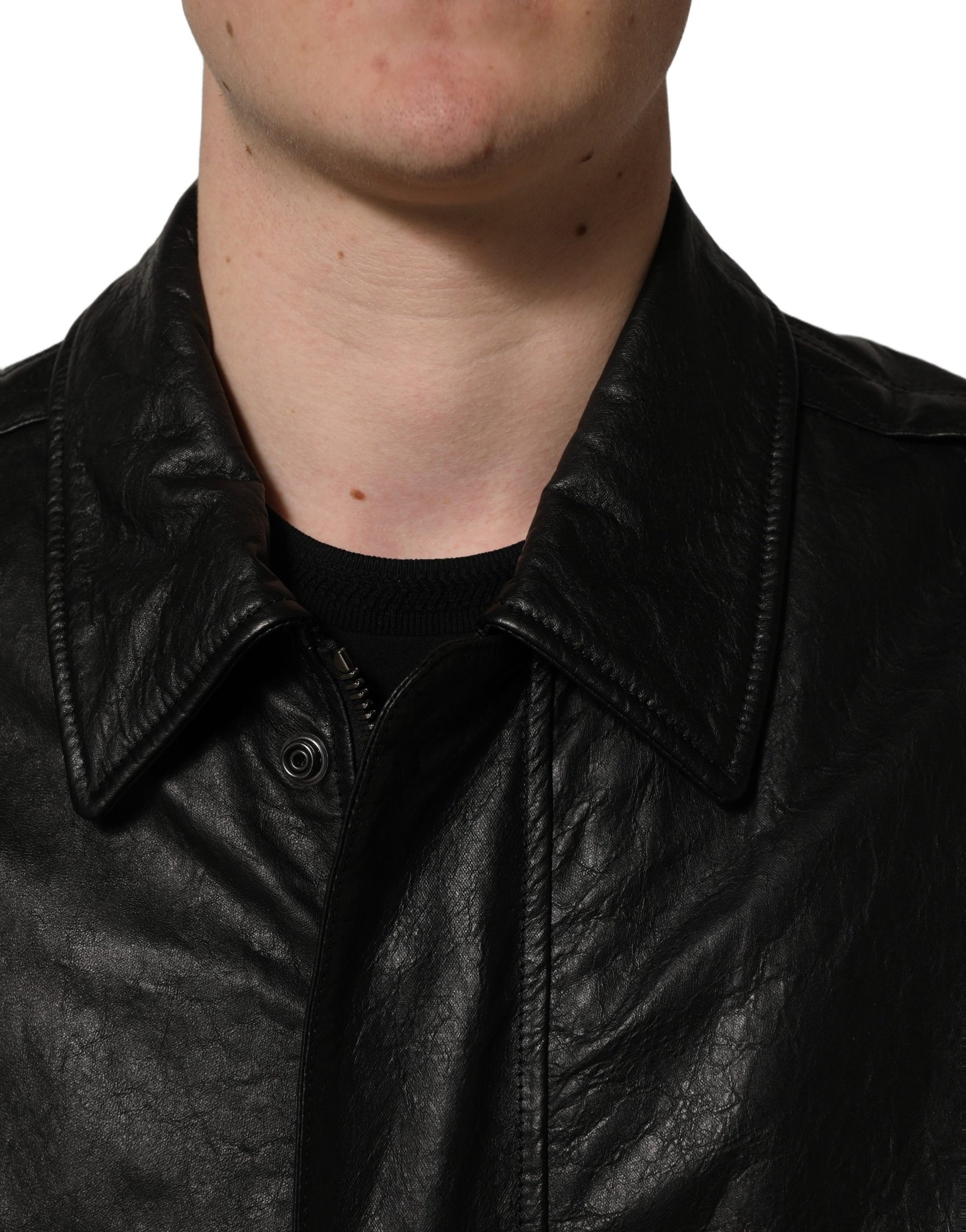 Dolce & Gabbana Black Leather Full Zip Men Biker Jacket | Regal Royce