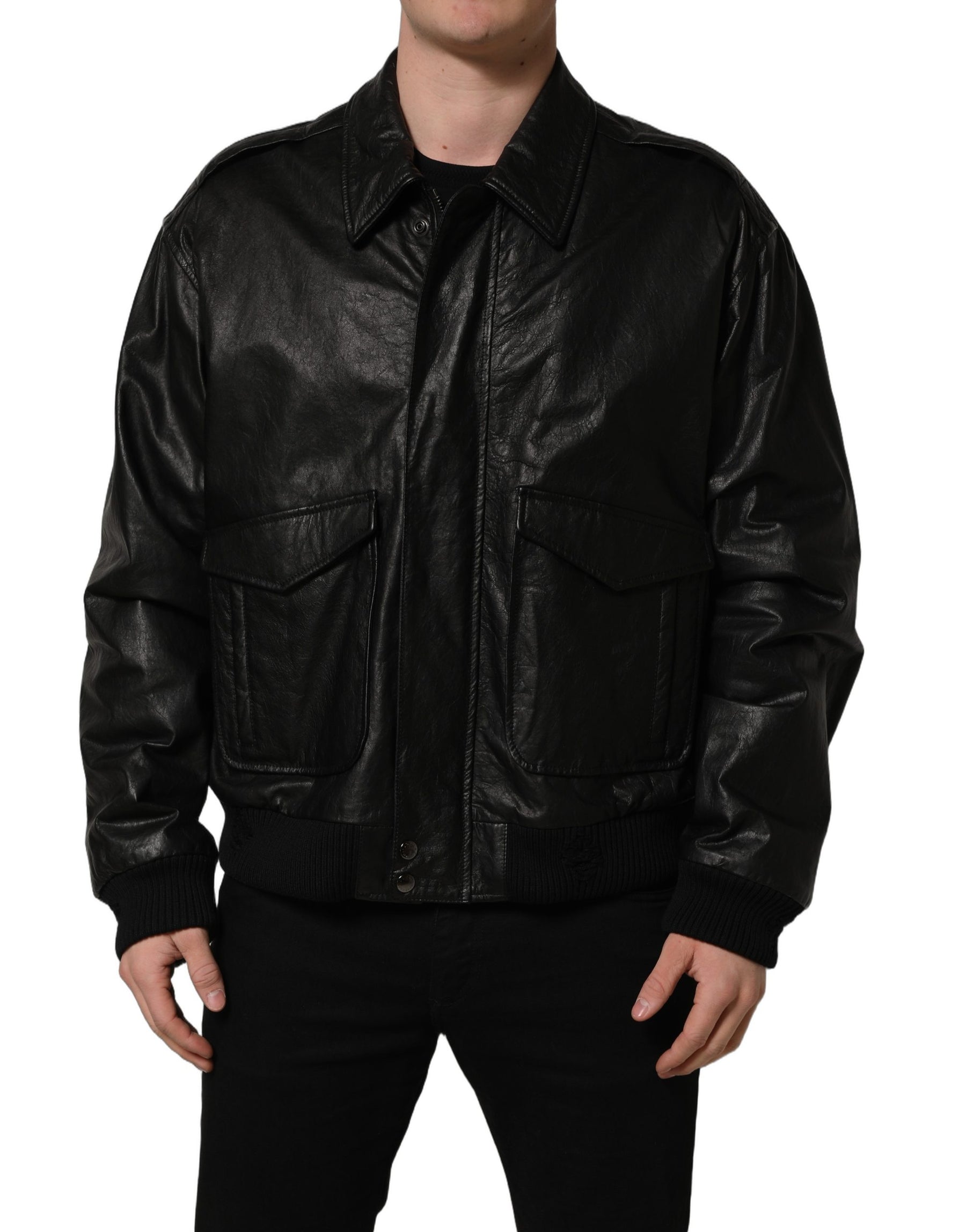Dolce & Gabbana Black Leather Full Zip Men Biker Jacket | Regal Royce